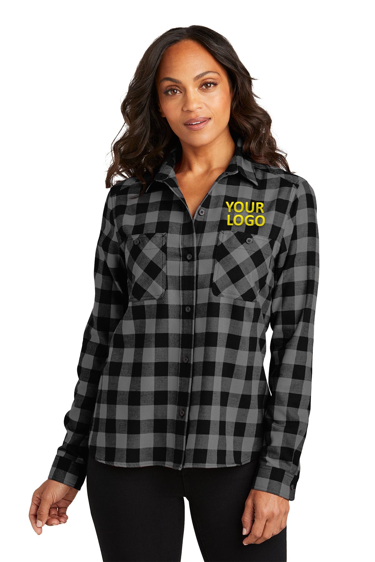 Branded Port Authority Ladies Plaid Flannel Shirt LW669 Grey
