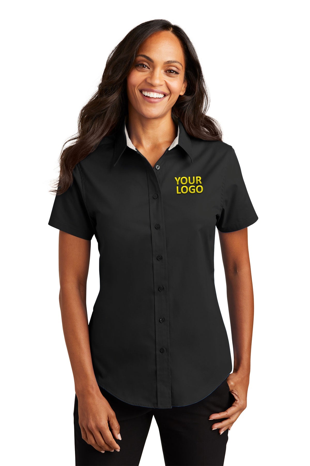 Custom Port Authority Ladies Short Sleeve Shirt Black/Light Stone