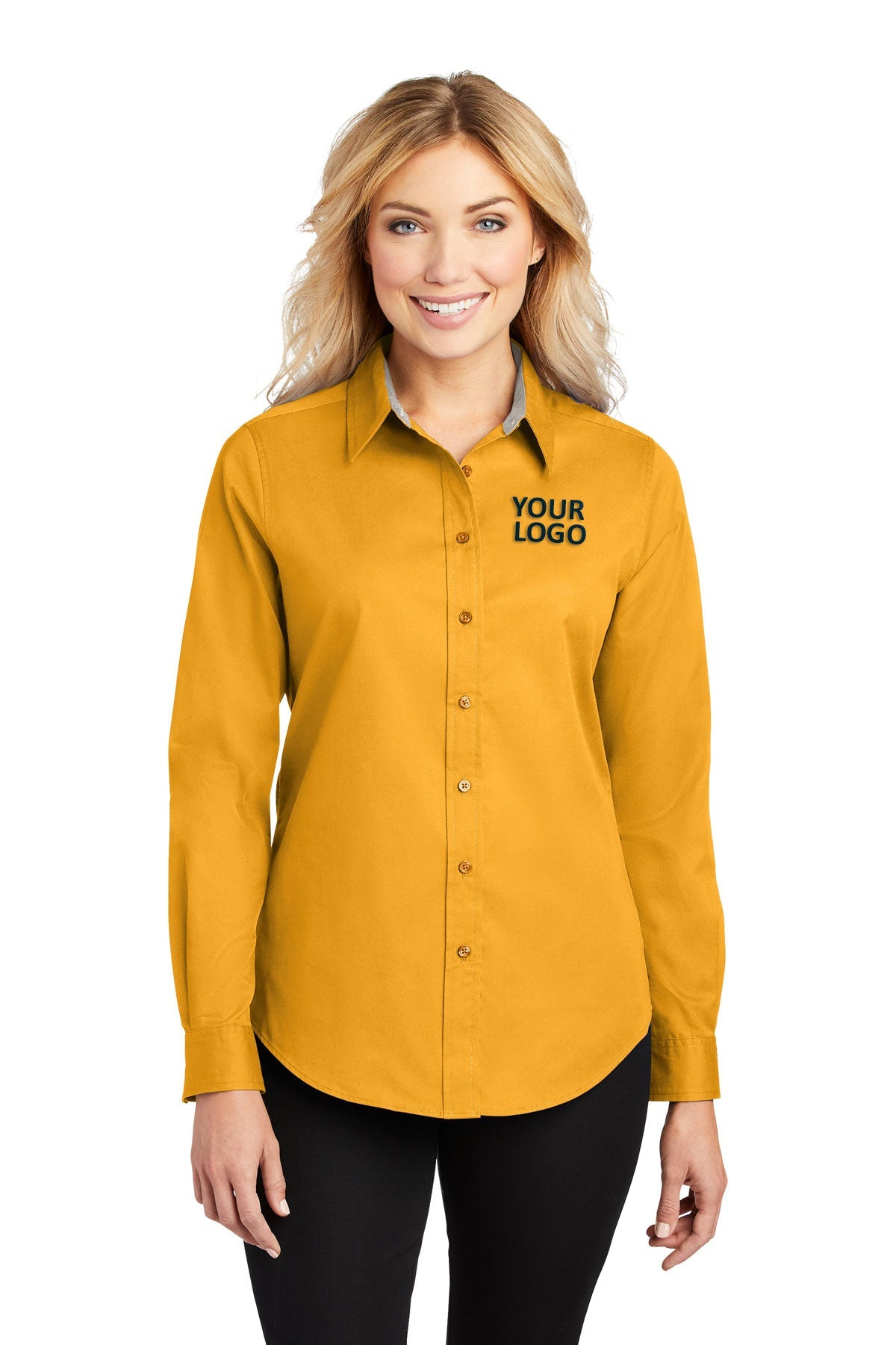 Branded Port Authority Ladies Long Sleeve Shirt Gold/Light Stone Branded Port Authority Ladies Long Sleeve Shirt Gold/Light Stone