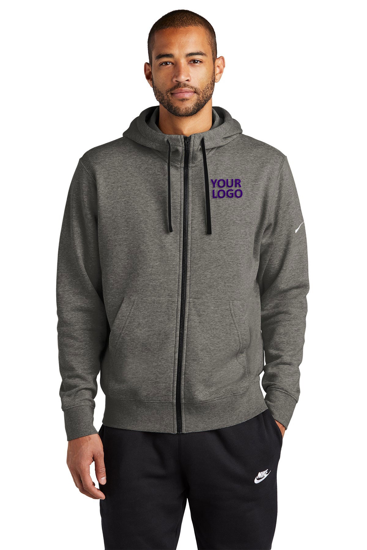 Branded Nike Club Fleece Sleeve Swoosh Full-Zip Hoodie Charcoal