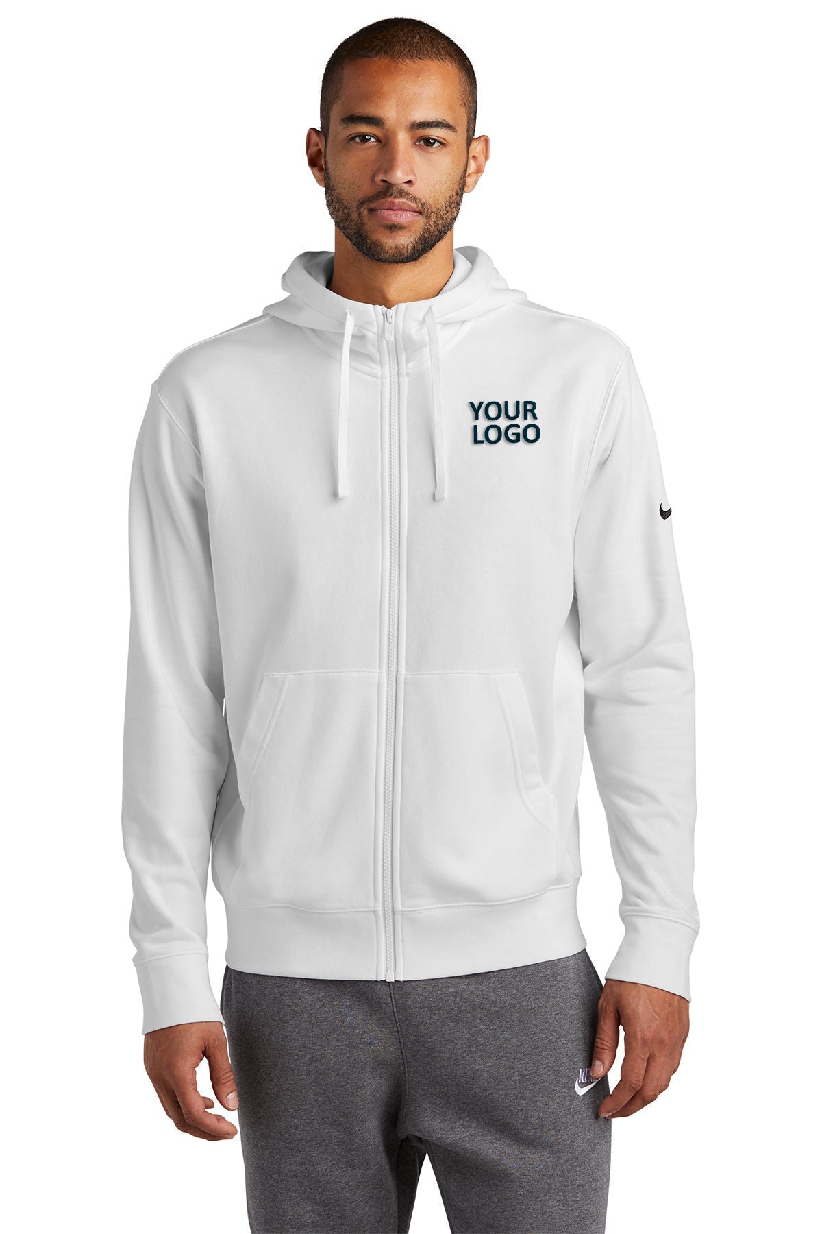 Branded Nike Club Fleece Sleeve Swoosh Full-Zip Hoodie White