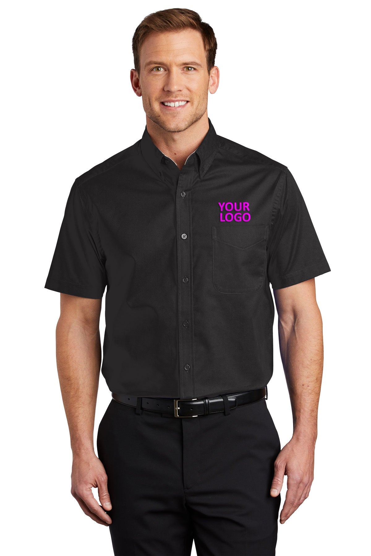 Custom Port Authority Short Sleeve Shirt Black/Light Stone