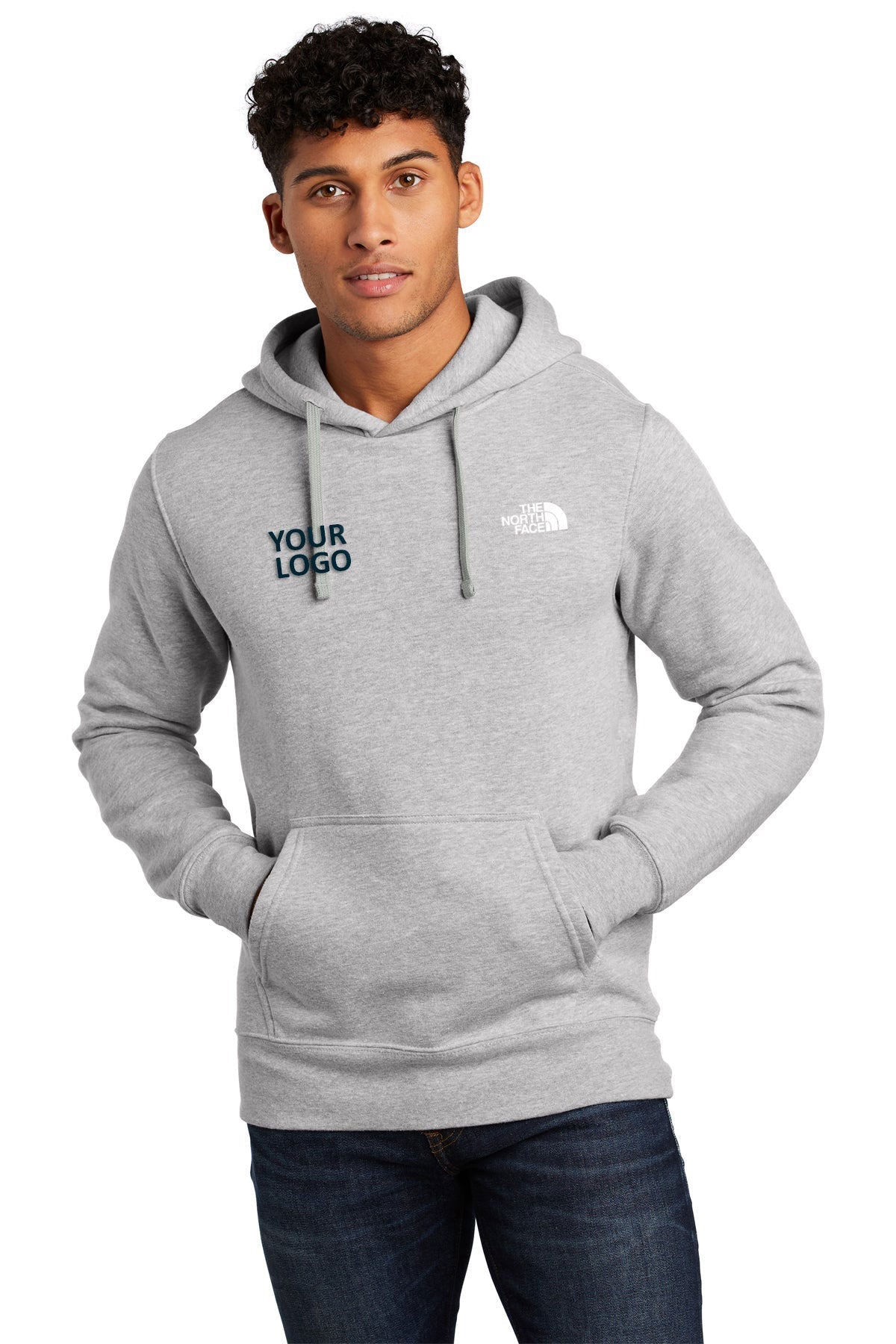 Custom North Face Chest Logo Pullover Hoodie Light Grey Heather