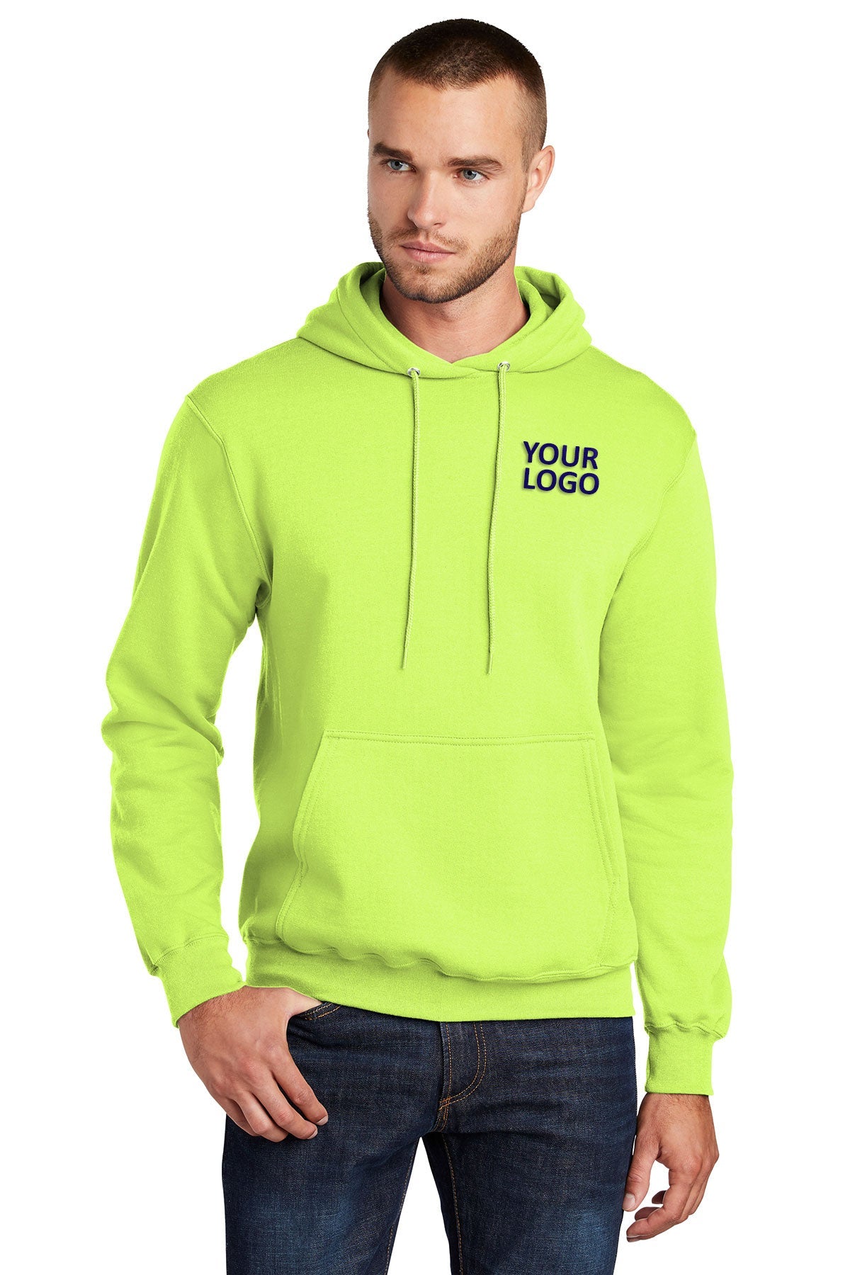 Custom Port Company Core Fleece Pullover Hooded Sweatshirt PC78H Neon Yellow