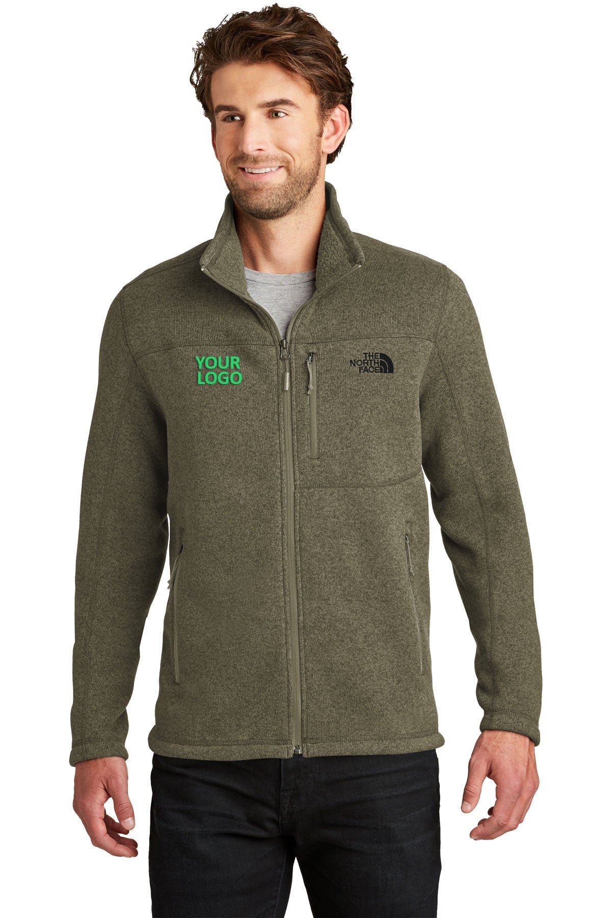 Custom North Face Sweater Fleece Jacket New Taupe Green Heather