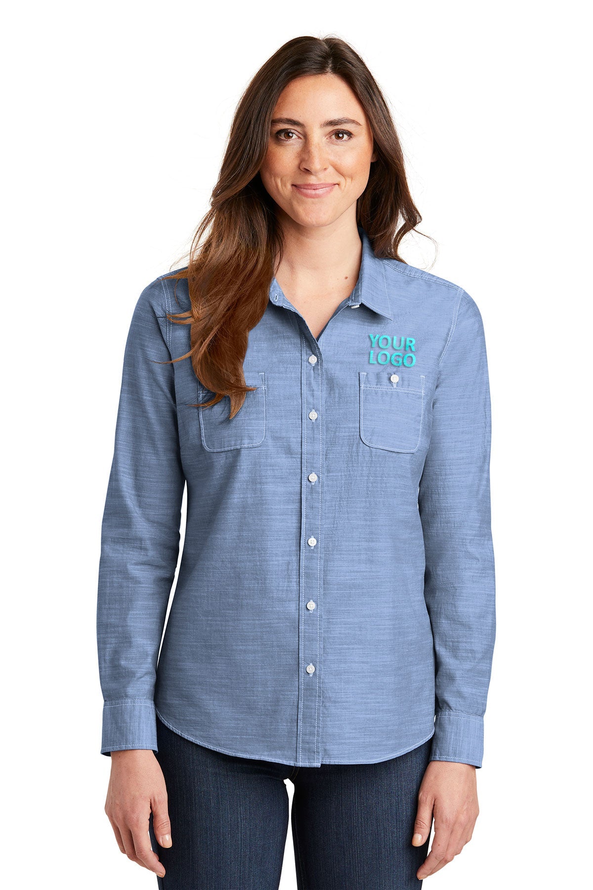Branded Port Authority Ladies Slub Chambray Shirt Light Blue