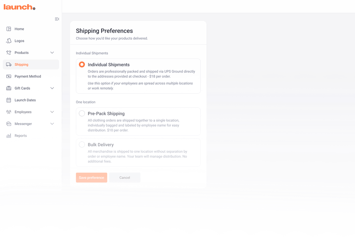 Select Shipping preference