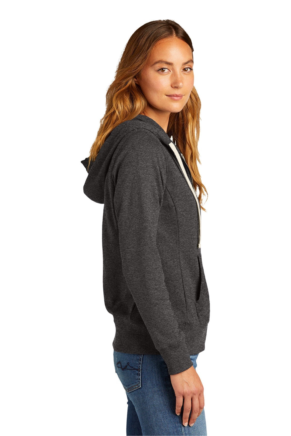 District Women's Re-Full-Zip Hoodies, Charcoal Heather [NCT]