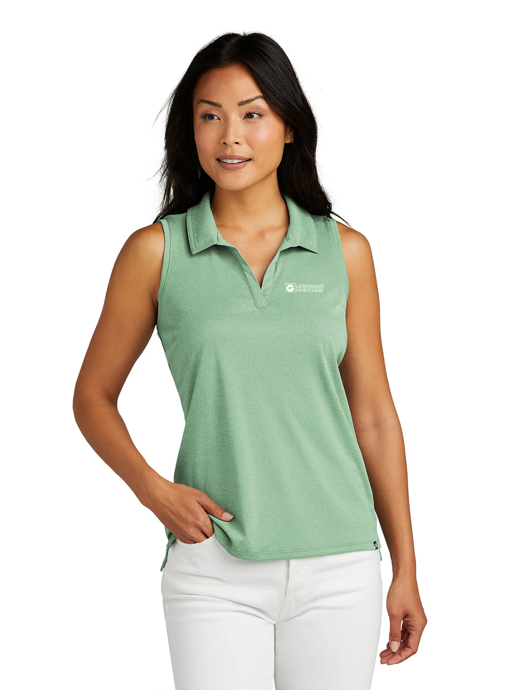 TravisMathew Ladies Coto Performance Sleeveless Polo, Beryl Green Heather [Gershman Mortgage]