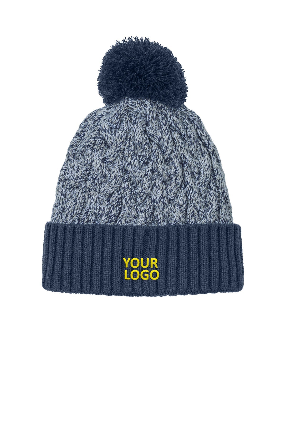 New Era Marled Knit Pom Custom Beanies, Deep Navy/ Grey/ White