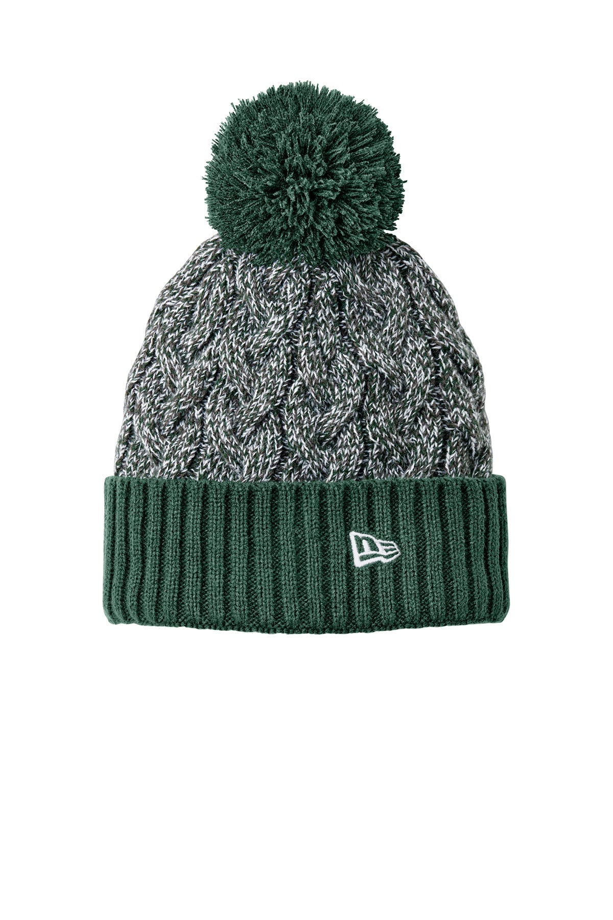 New Era Marled Knit Pom Custom Beanies, Dark Green/ Graphite/ White