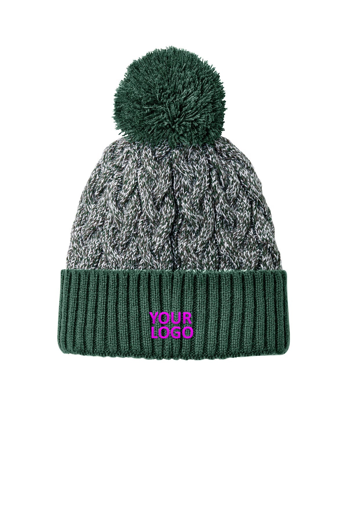 New Era Marled Knit Pom Custom Beanies, Dark Green/ Graphite/ White
