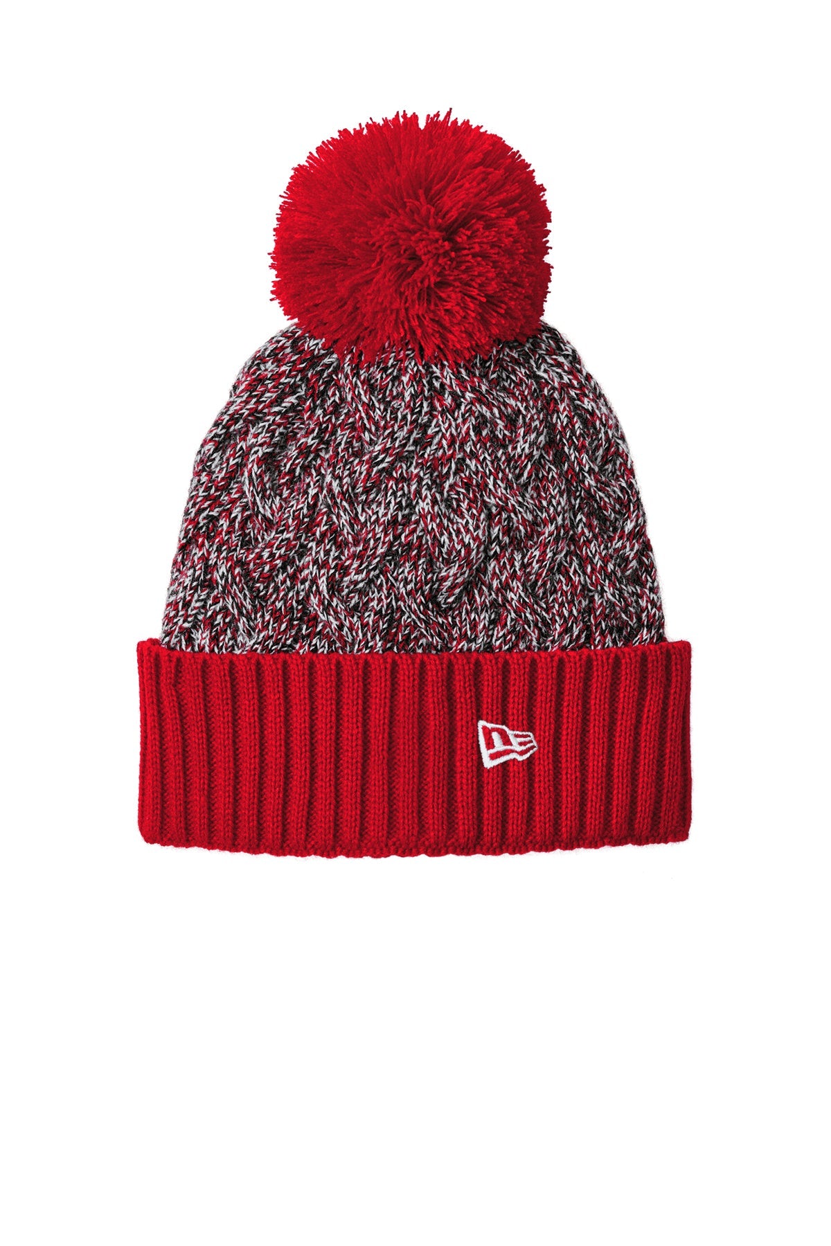 New Era Marled Knit Pom Custom Beanies, Scarlet/ Black/ White