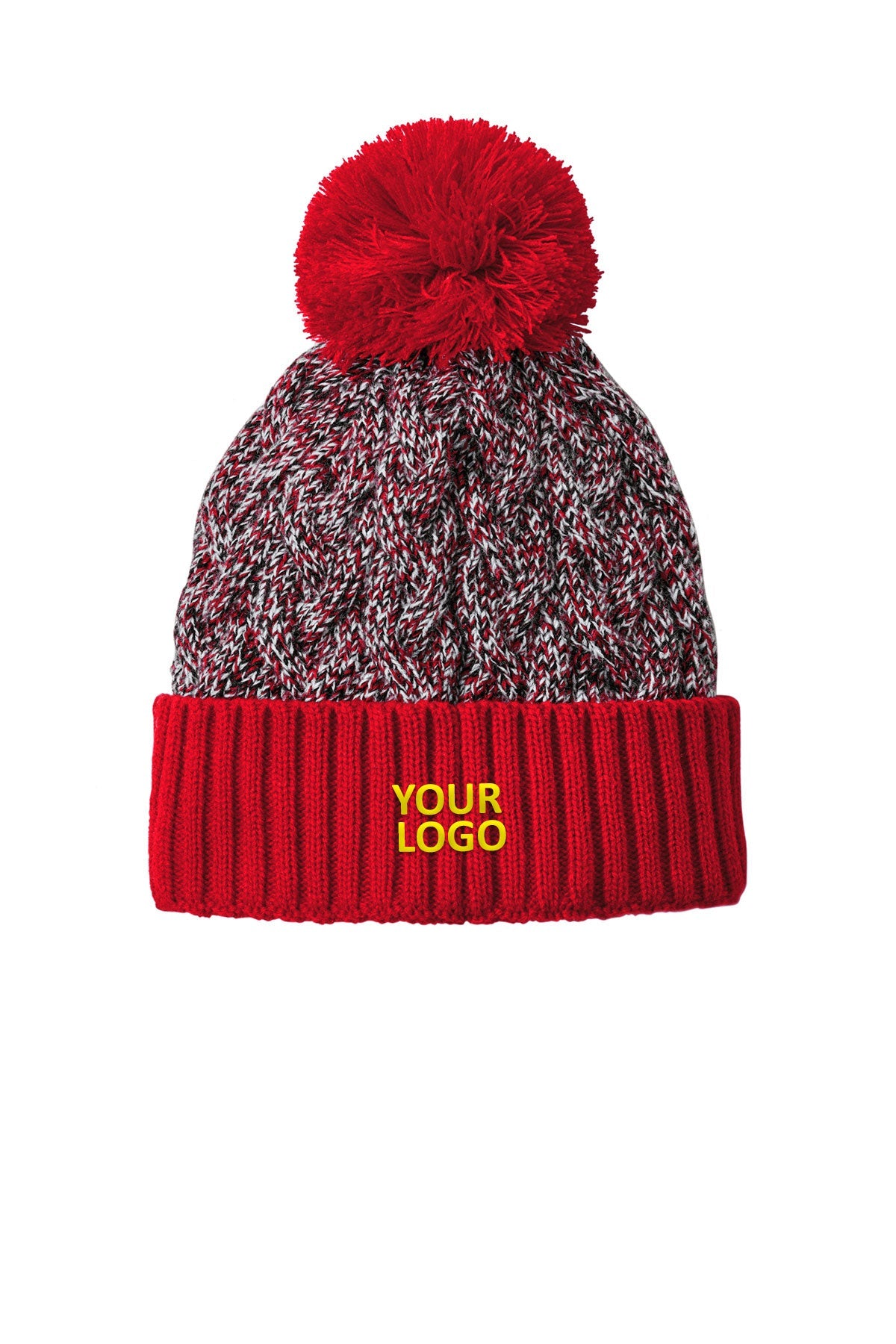 New Era Marled Knit Pom Custom Beanies, Scarlet/ Black/ White