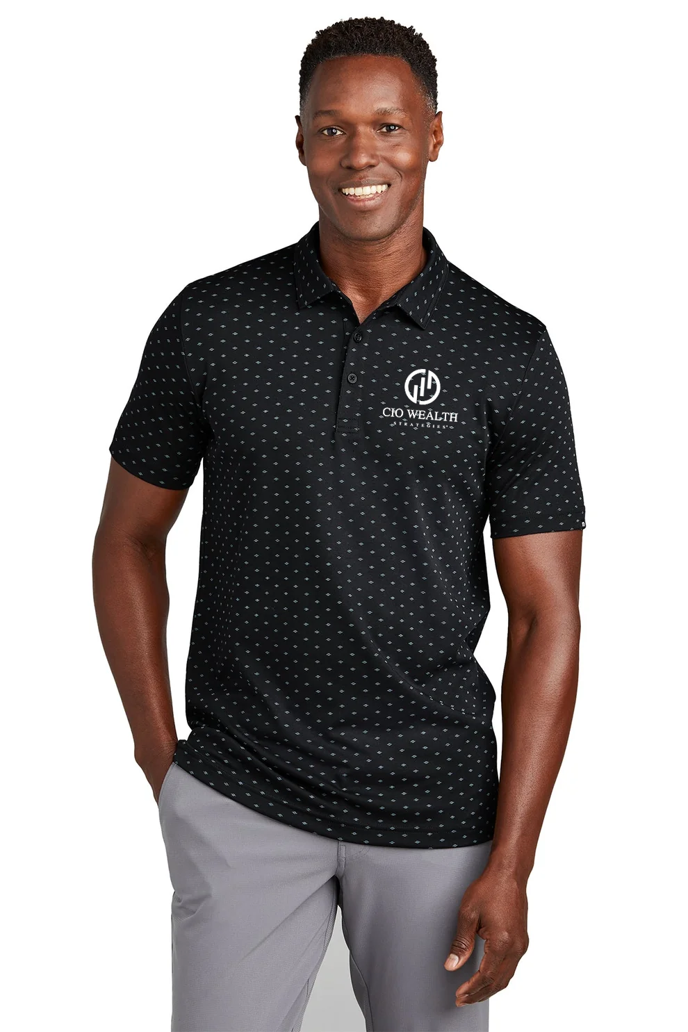 TravisMathew Oceanside Geo Polo, Black with Aegean Blue [CIO Wealth Strategies]