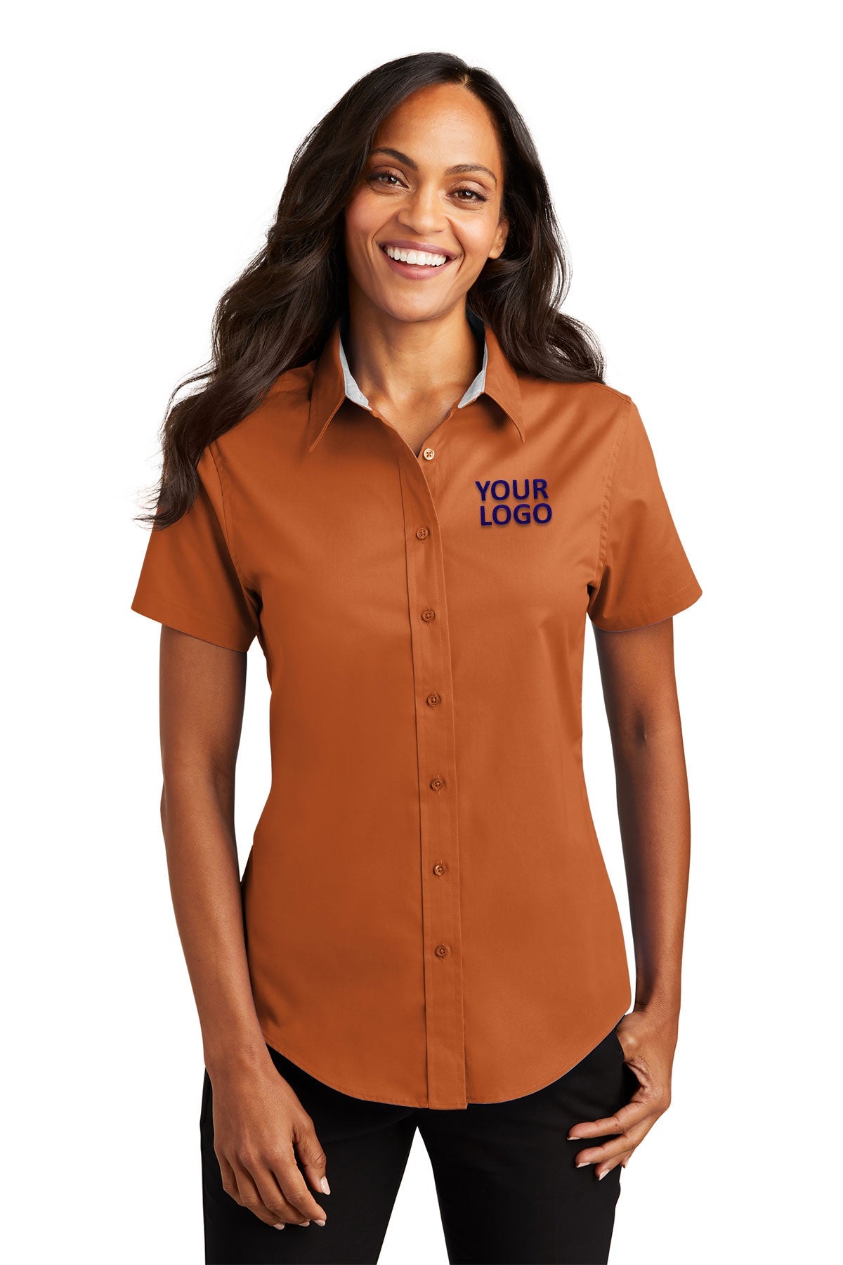 Port Authority Ladies Short Sleeve Easy Care Branded Shirts, Texas Orange/Light Stone [CommStar Credit Union]