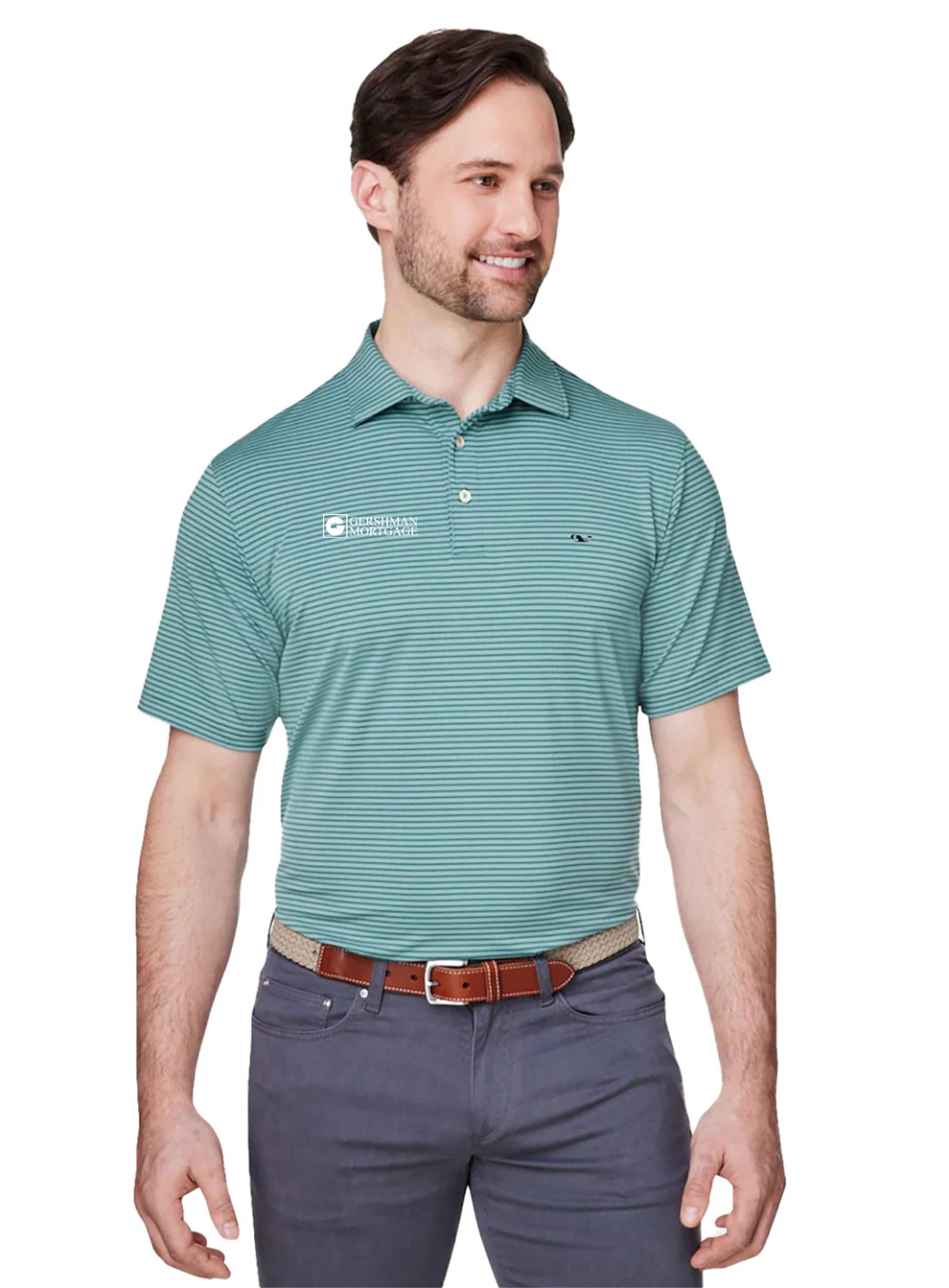 Vineyard Vines Mens Bradley Stripe Sankaty Polo, Sea Clay Green [Gershman Mortgage]