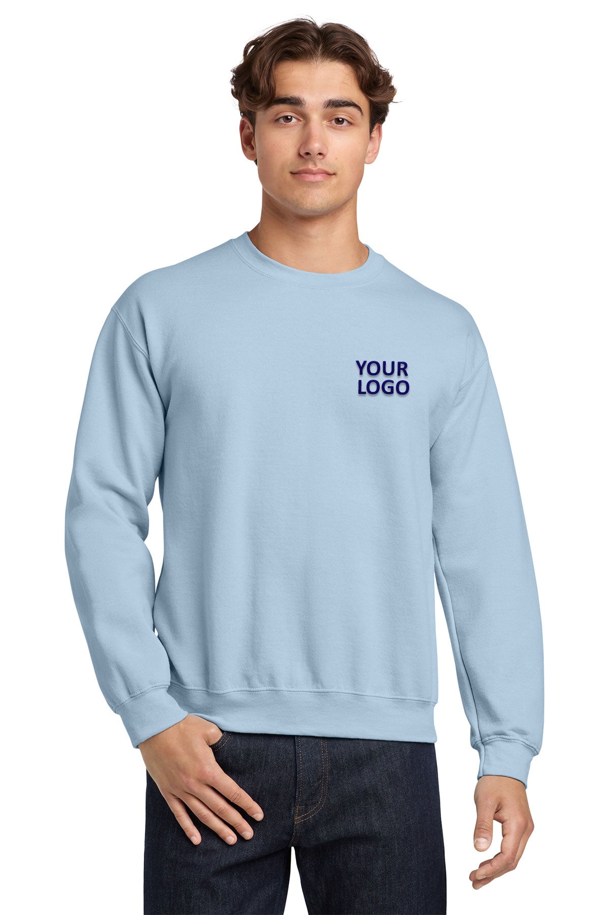 Gildan Light Blue 18000 custom logo sweatshirts embroidered