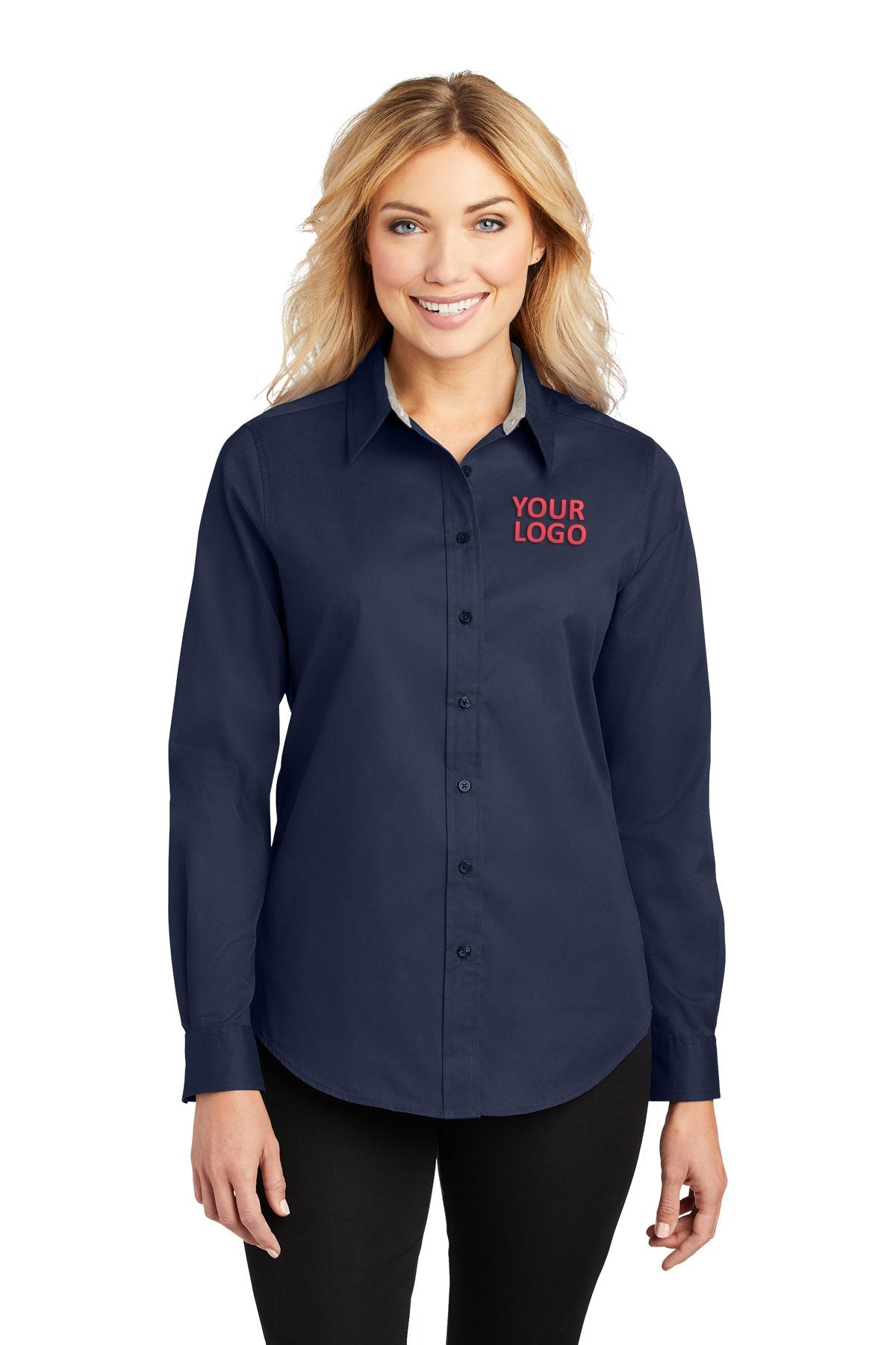 Port Authority Ladies Branded Easy Care Shirts, Navy/Light Stone [CommStar Credit Union]