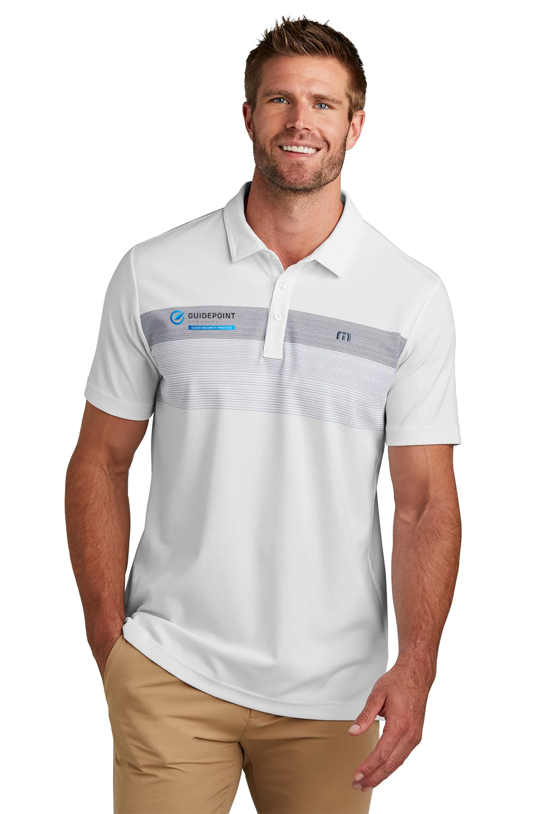 TravisMathew Coastal Chest Stripe Polo, White [GuidePoint Security Cloud Security]