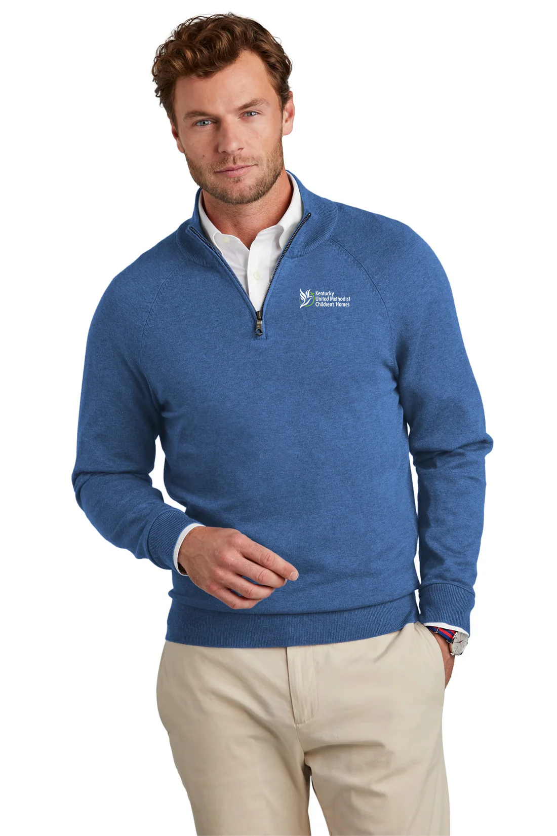 Brooks Brothers Cotton Stretch 1/4-Zip Sweater, Charter Blue Heather [Kentucky United Methodist Children's Homes]