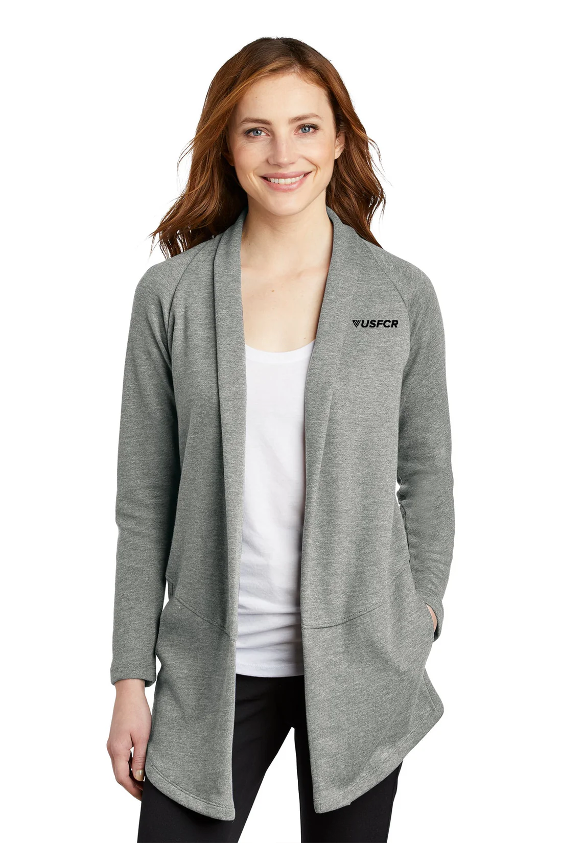 Port Authority Ladies Interlock Cardigan, Medium Heather Grey/ Charcoal Heather [USFCR]