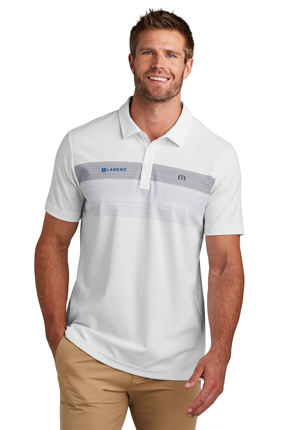 Custom TravisMathew Coastal Chest Stripe Polo, White [Labenz & Associates]