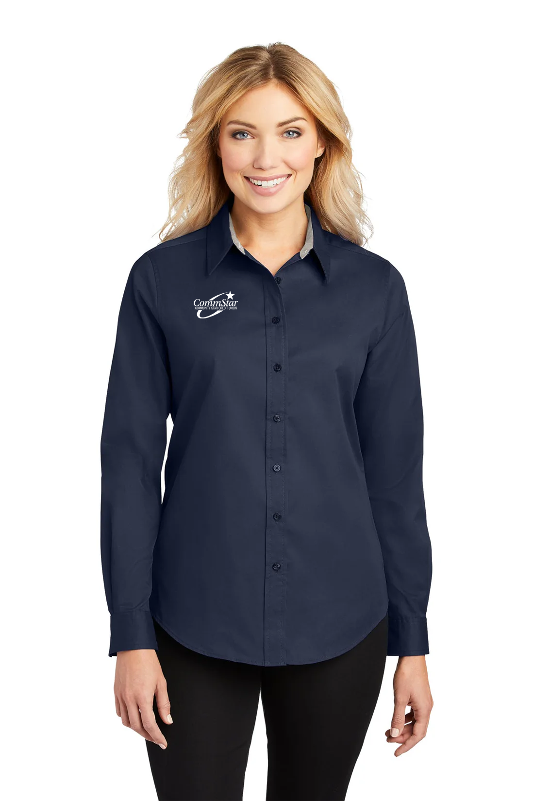 Port Authority Ladies Easy Care Shirt, Navy/Light Stone [CommStar Credit Union]