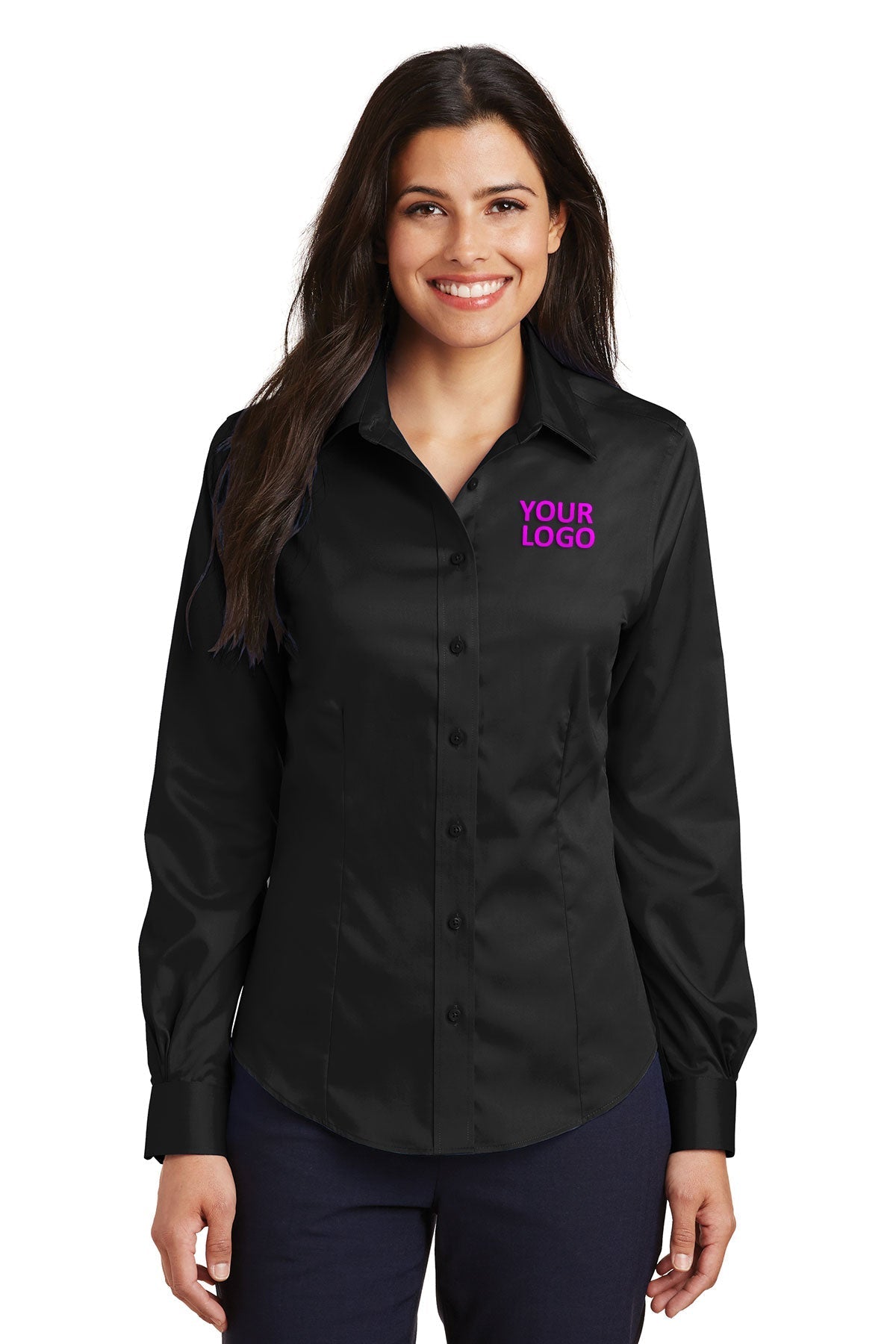 Port Authority Ladies Non-Iron Custom Twill Shirts, Black [Orange by Fooda]