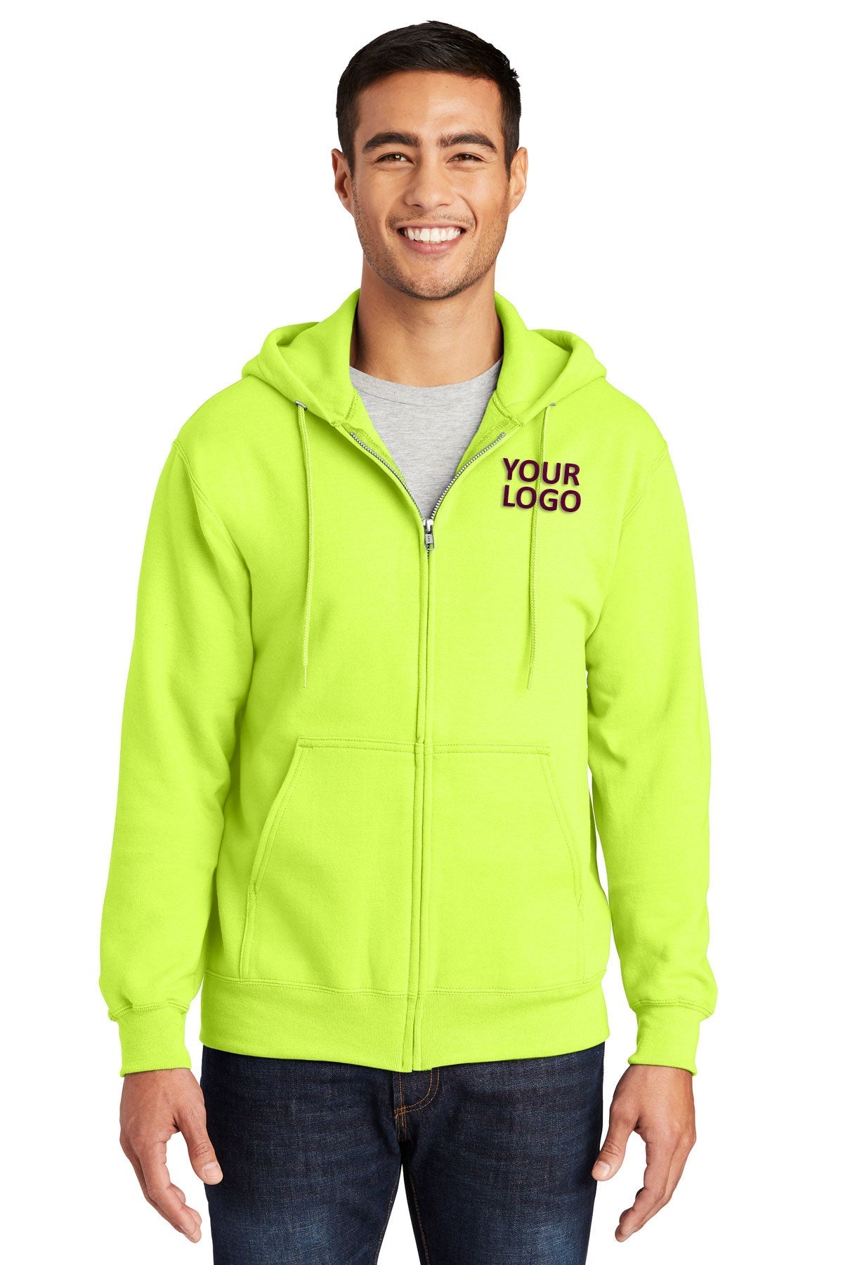 Port & Company Essential Fleece Branded Zip Hoodies, Safety Green [WINCO Construction Company]