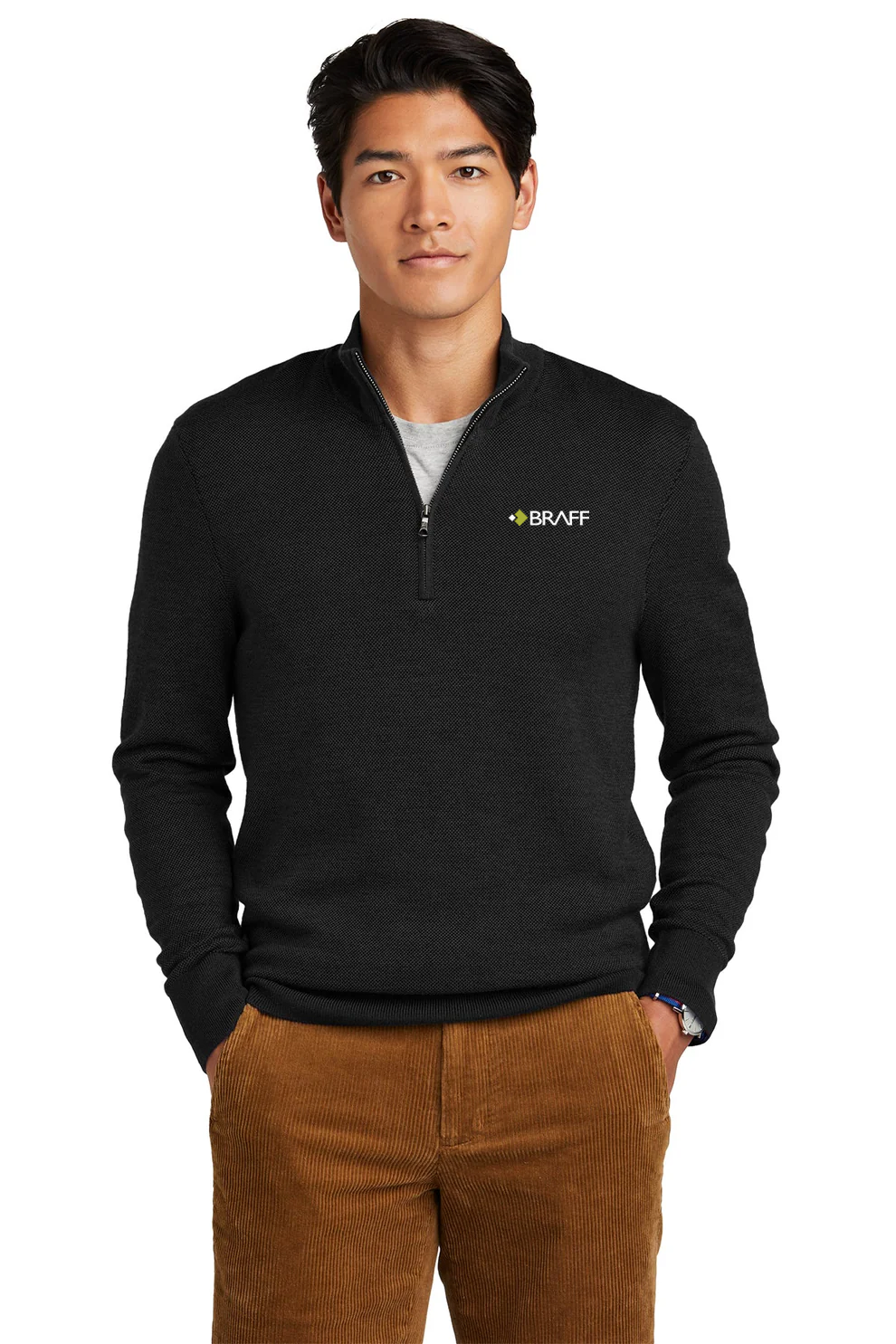 Brooks Brothers Washable Merino Birdseye  1/4-Zip Sweater, Deep Black [The Braff Group]