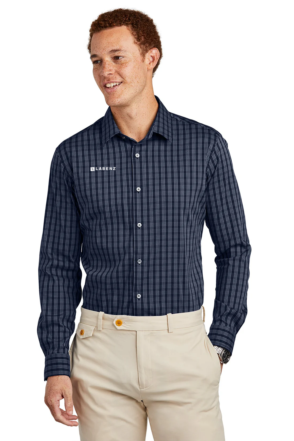 Brooks Brothers Tech Stretch Patterned Shirt, Navy Blazer/ White Grid Check [Labenz & Associates]