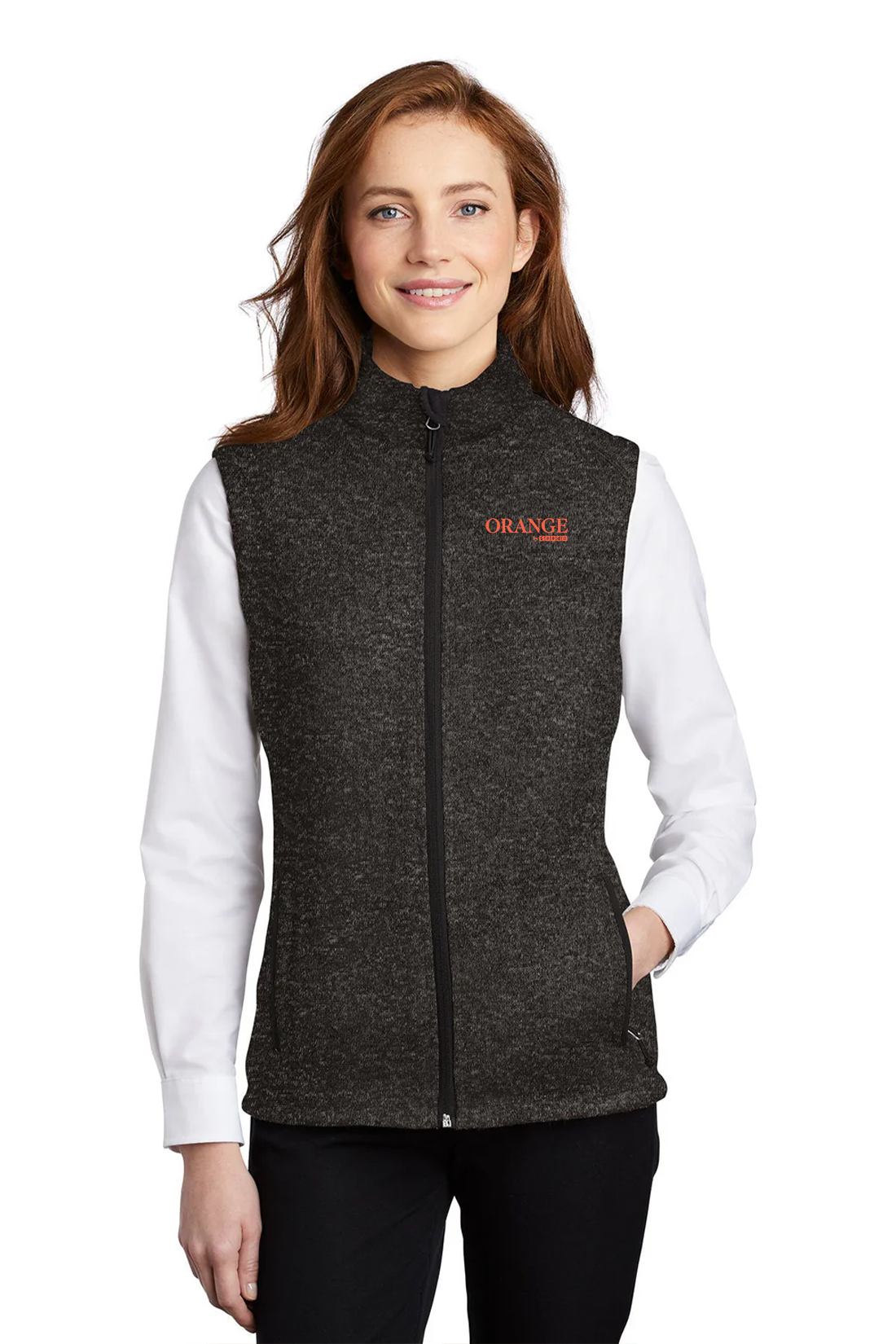 Port Authority Ladies Sweater Fleece Vest, Black Heather [Orange by Fooda]