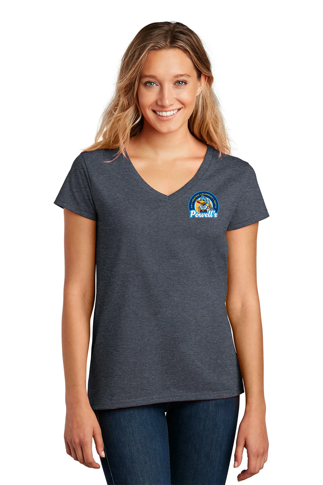 District Women Re-Tee V-Neck, Heathered Navy [Powell's Plumbing LLC]