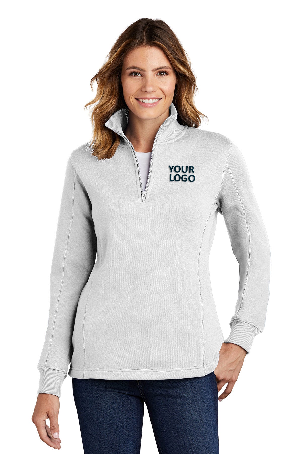 Sport-Tek Ladies Branded 1/4-Zip Sweatshirts, White [Horizontal]
