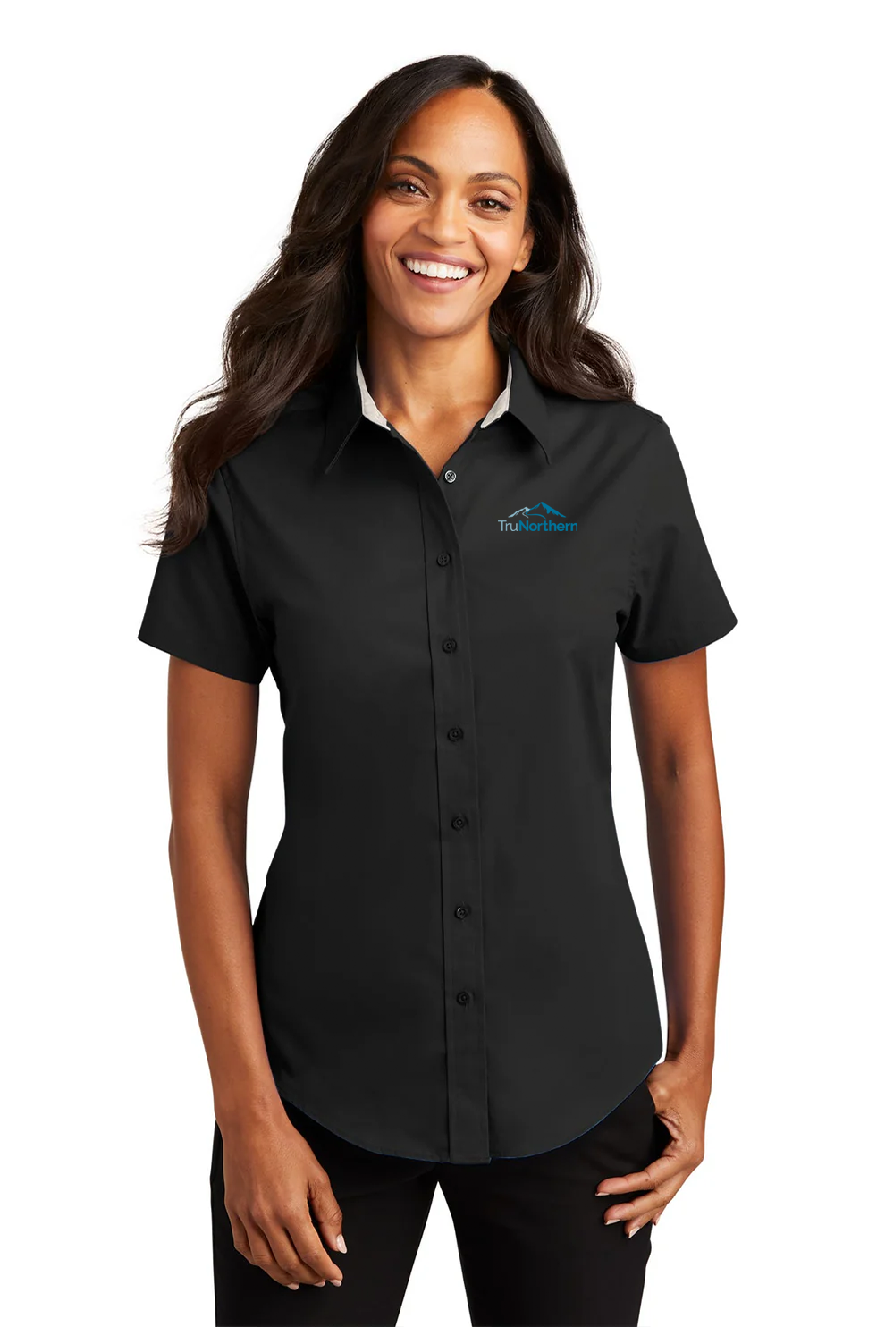 Port Authority Ladies Short Sleeve Easy Care Shirt, Black/Light Stone [TruNorthern]