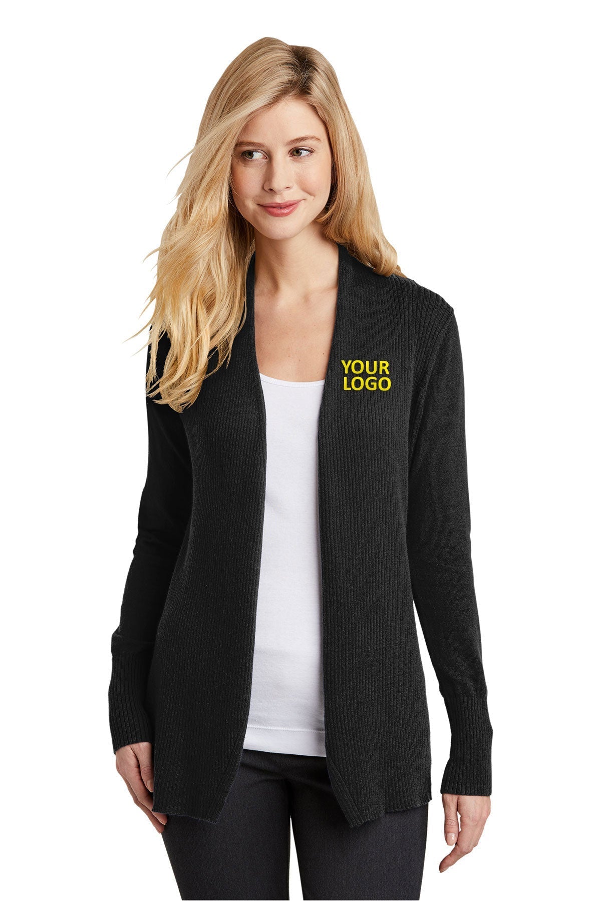 Port Authority Ladies Open Front Custom Cardigan Sweaters, Black [CommStar Credit Union]