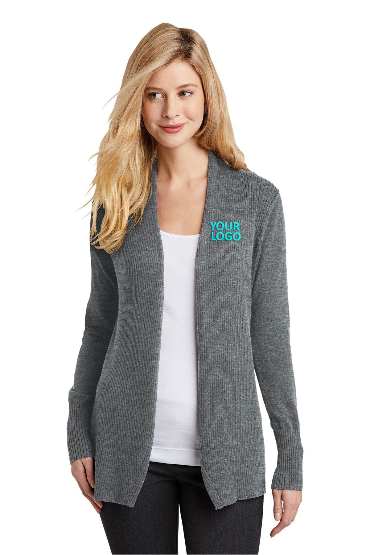 Port Authority Ladies Open Front Custom Cardigan Sweaters, Medium Heather Grey [Orange by Fooda]