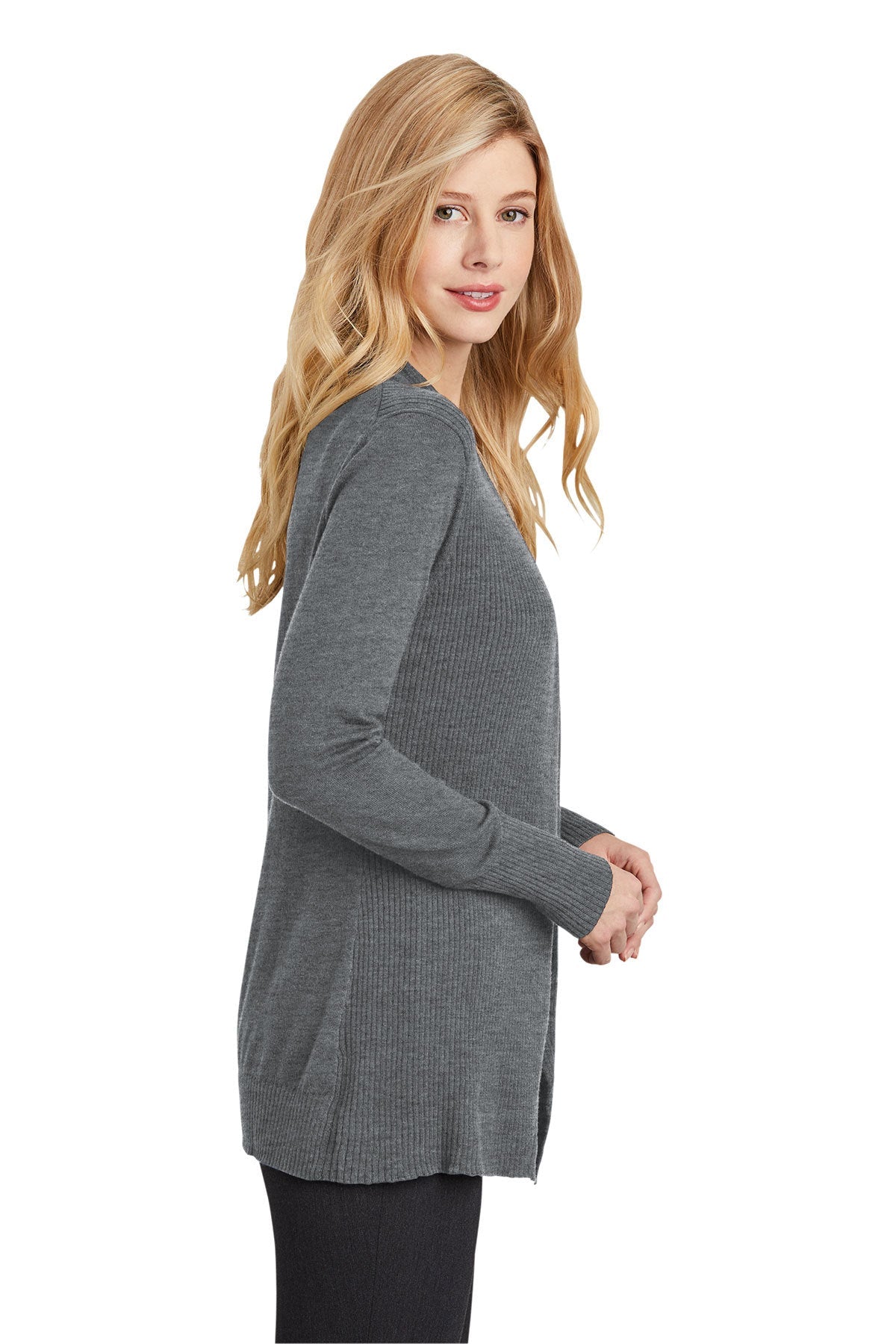 Port Authority Ladies Open Front Custom Cardigan Sweaters, Medium Heather Grey [Orange by Fooda]