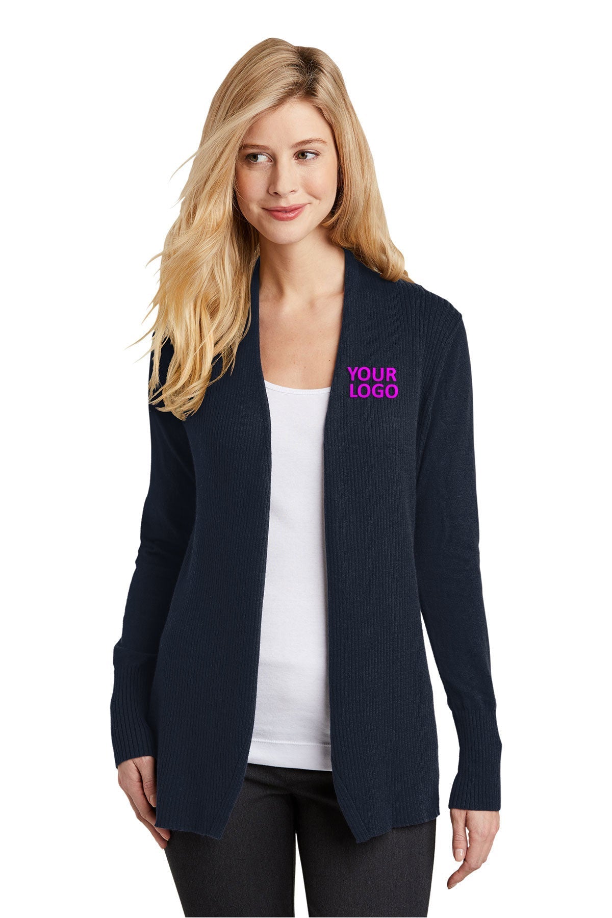 Port Authority Ladies Open Front Custom Cardigan Sweaters, Navy [Orange by Fooda]