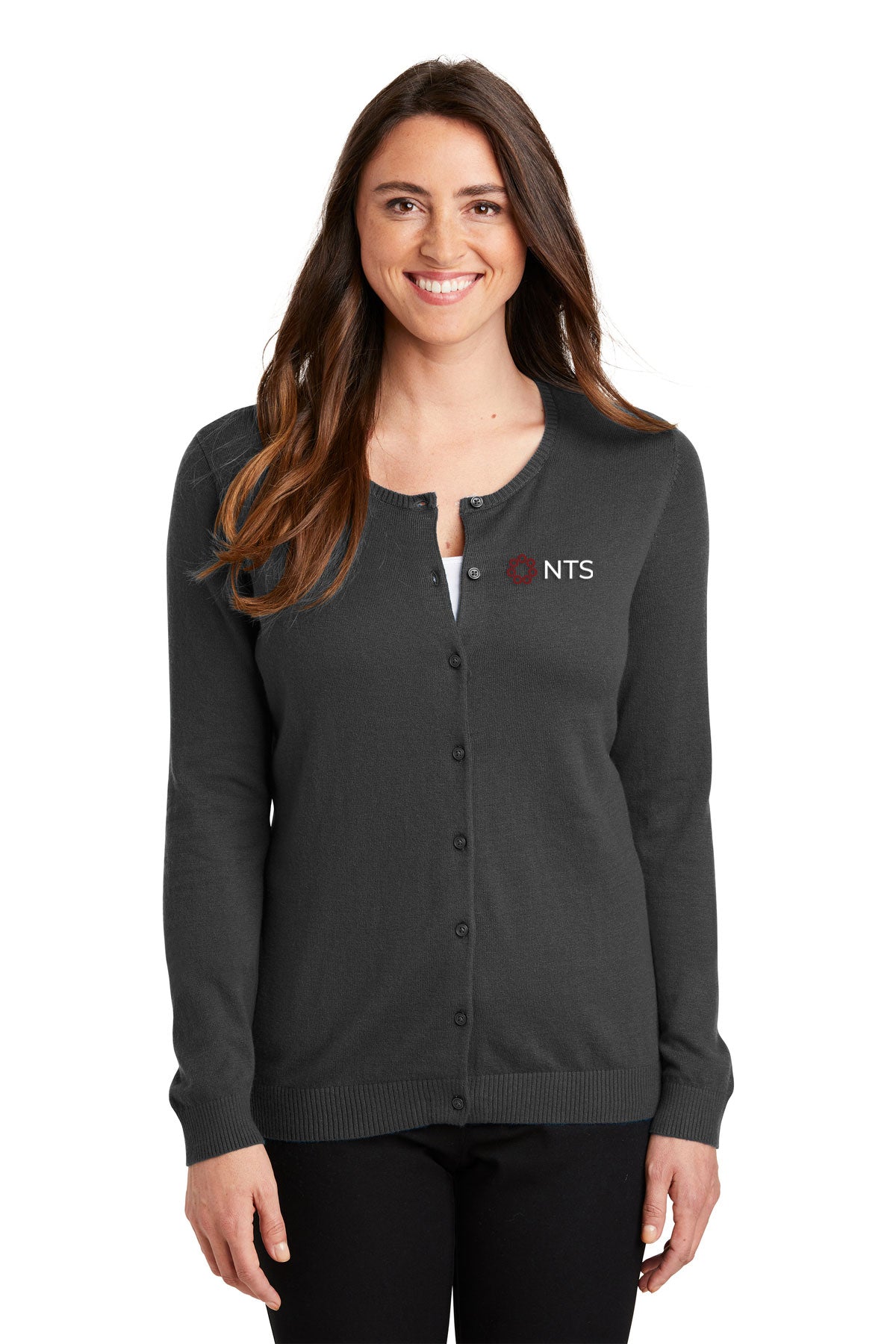 Port Authority Ladies Cardigan Sweater, Charcoal Heather [NexTech Solutions]