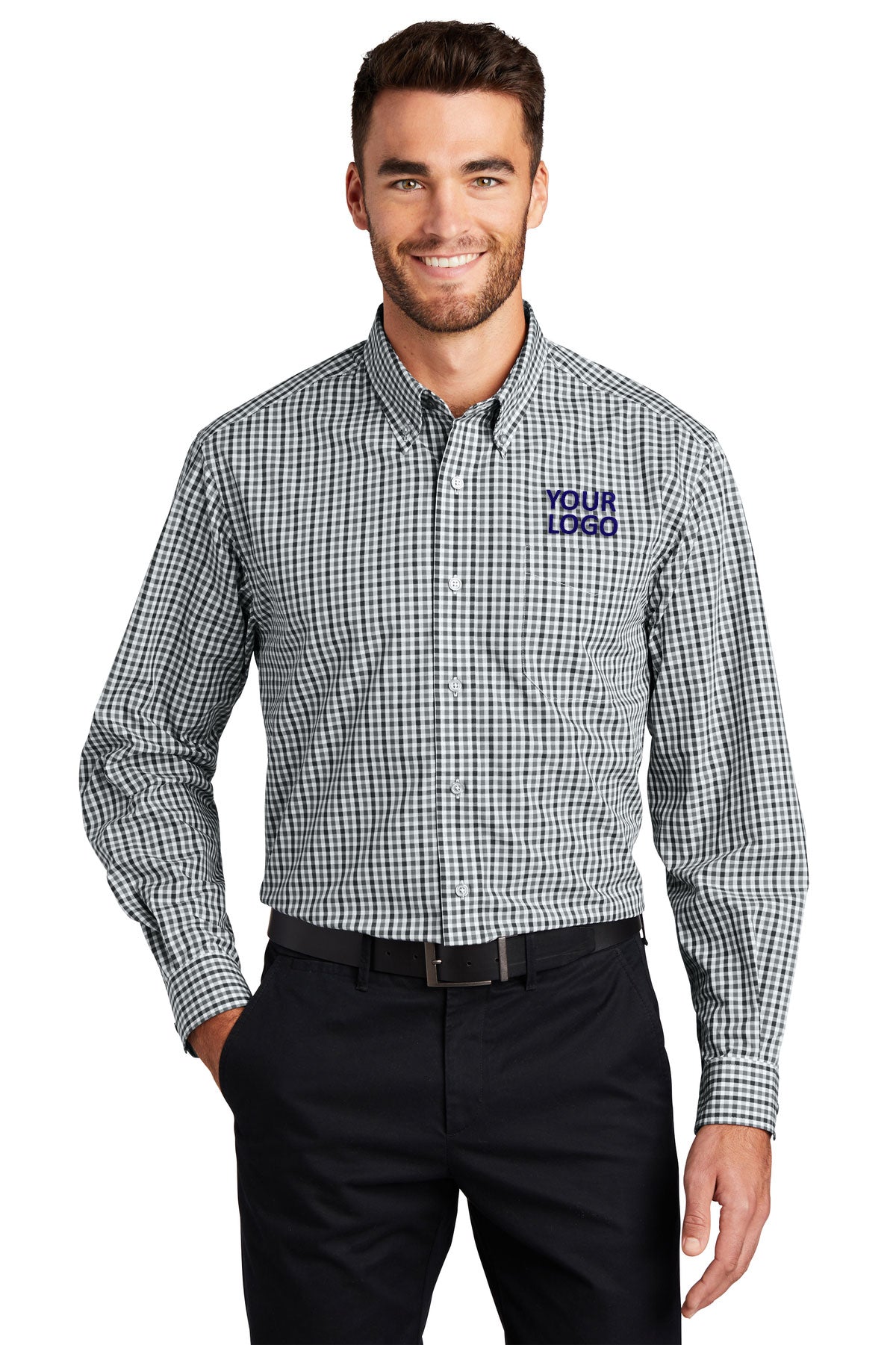 Port Authority Gingham Easy Care Custom Shirts, Black/ Charcoal [Fooda]