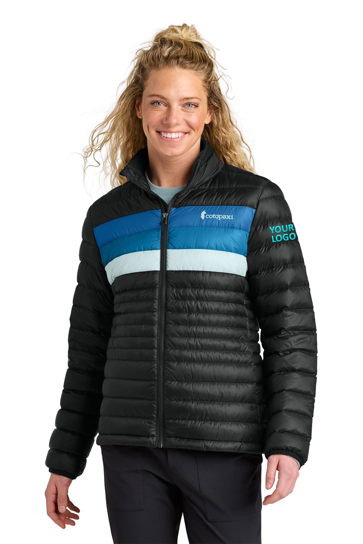 Cotopaxi Womens Fuego Custom Down Jackets, Black/ Atlantic