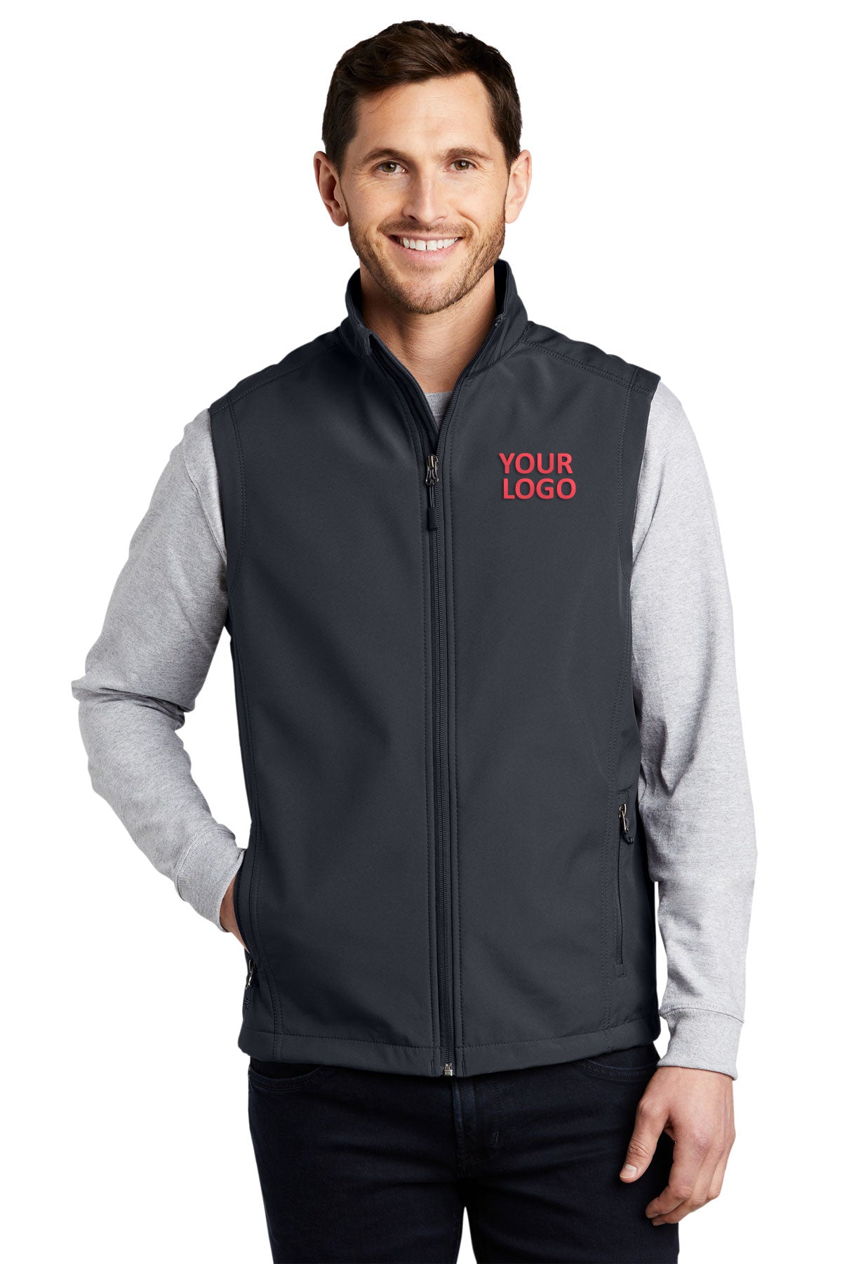Port Authority Core Soft Shell Custom Vests, Battleship Grey [Orange by Fooda]
