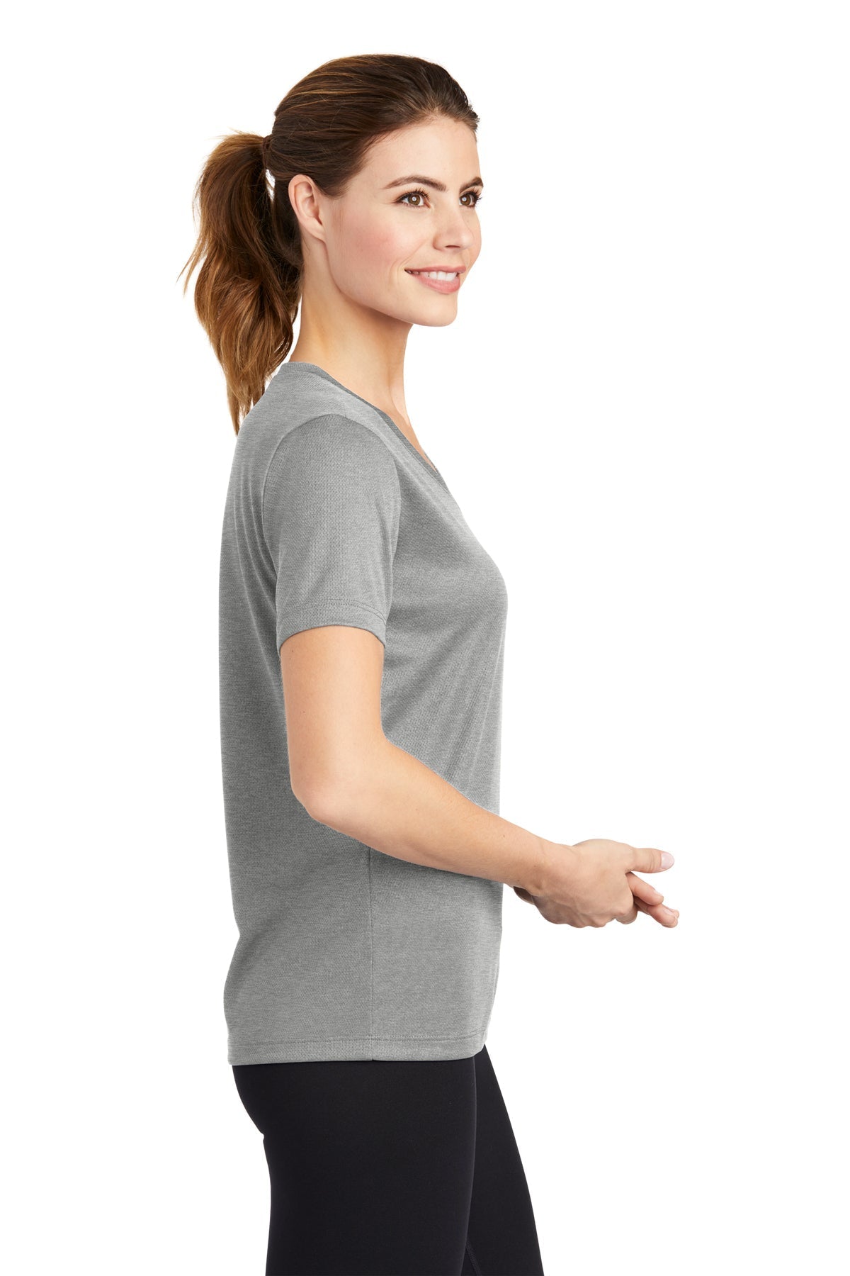 Sport-Tek Ladies PosiCharge Branded RacerMesh V-Neck Tee's, Grey Heather [Hearthside ]