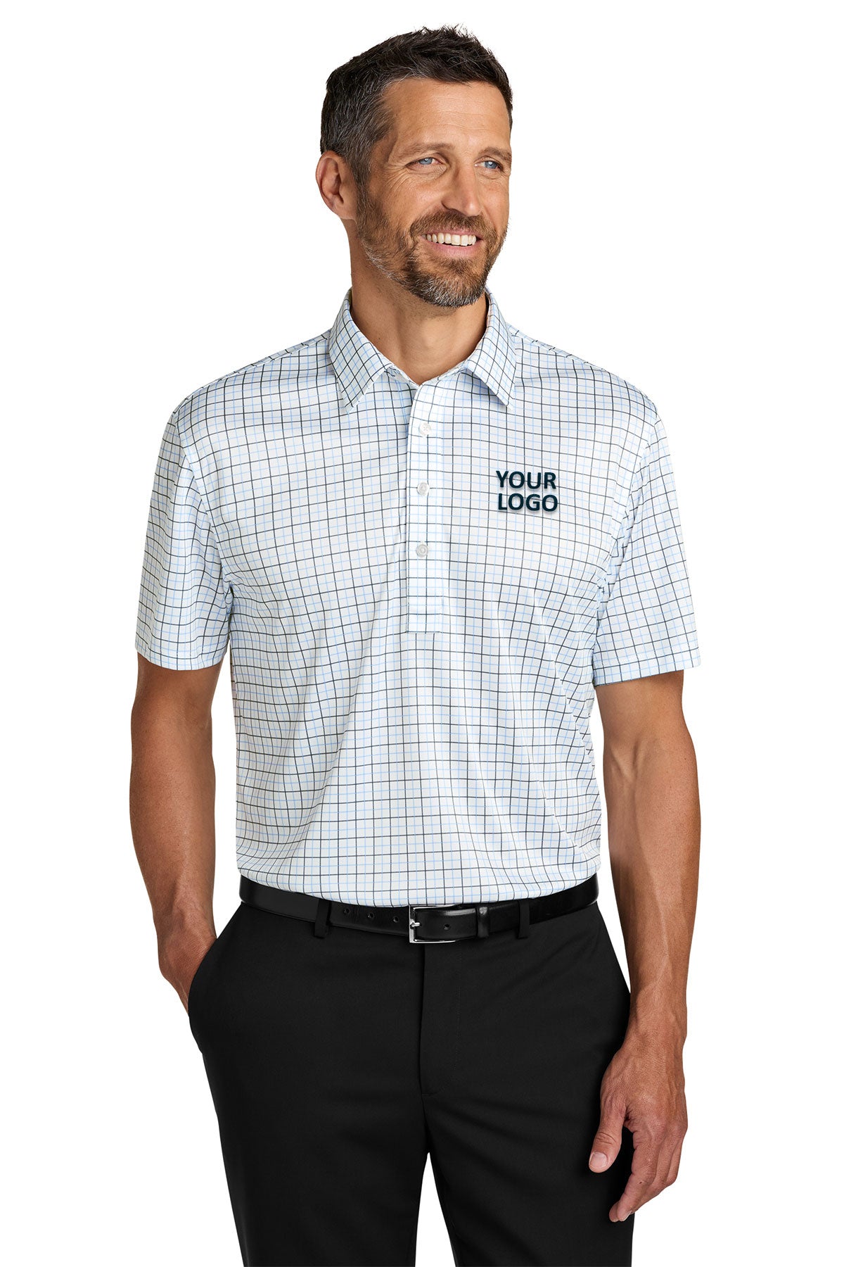Custom Port Authority K700 Black/ Carolina Blue Check polo shirts with logos