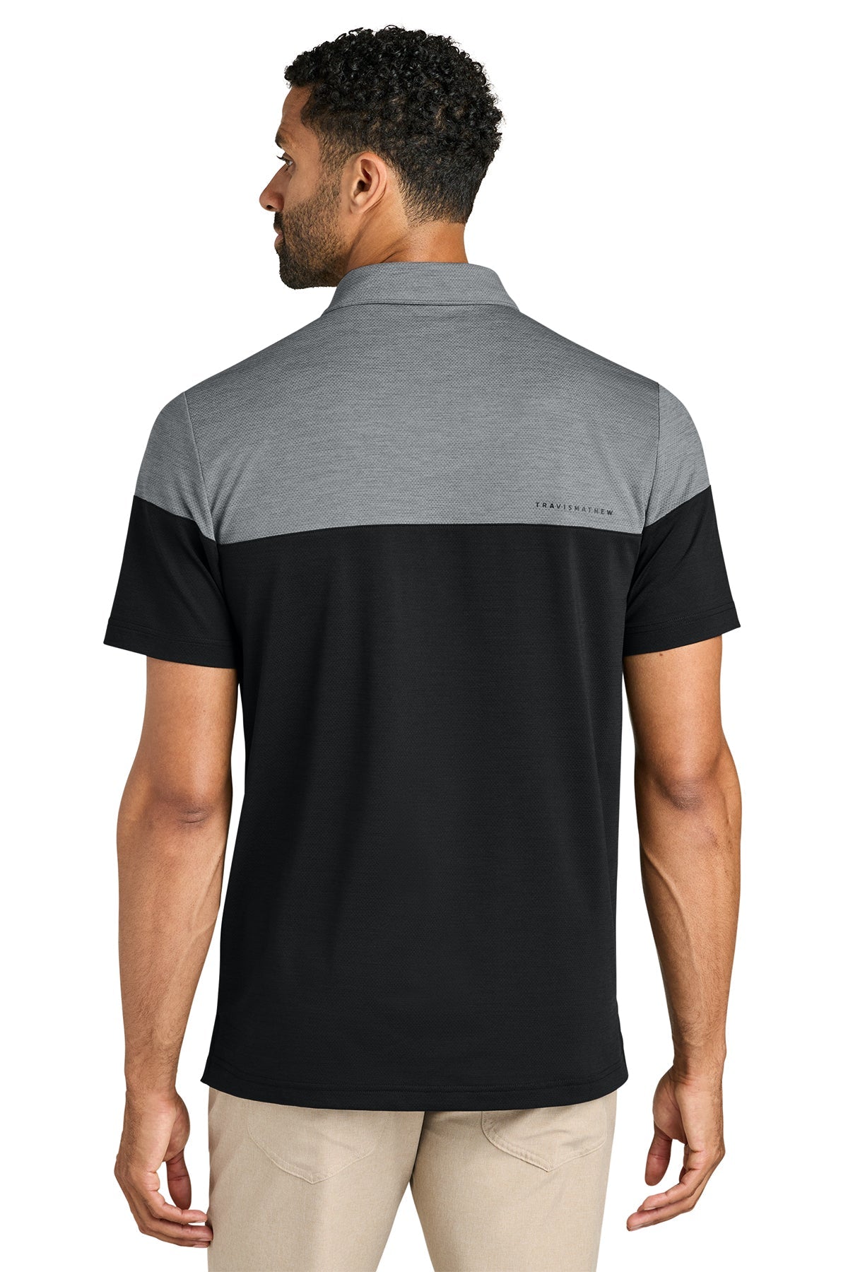 TravisMathew Onward Colorblock Custom Polos, Quiet Shade Grey Heather/ Black [PBLA Surveying INC]
