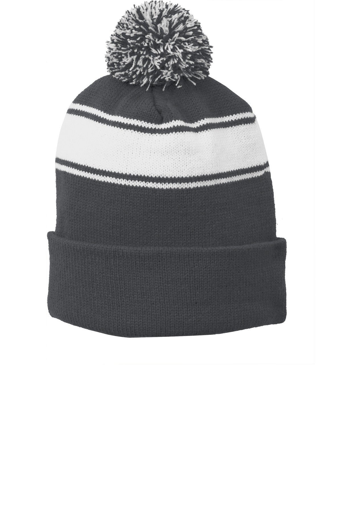 Sport-Tek Stripe Custom Pom Pom Beanies, Iron Grey/ White [AMERILODGE GROUP]