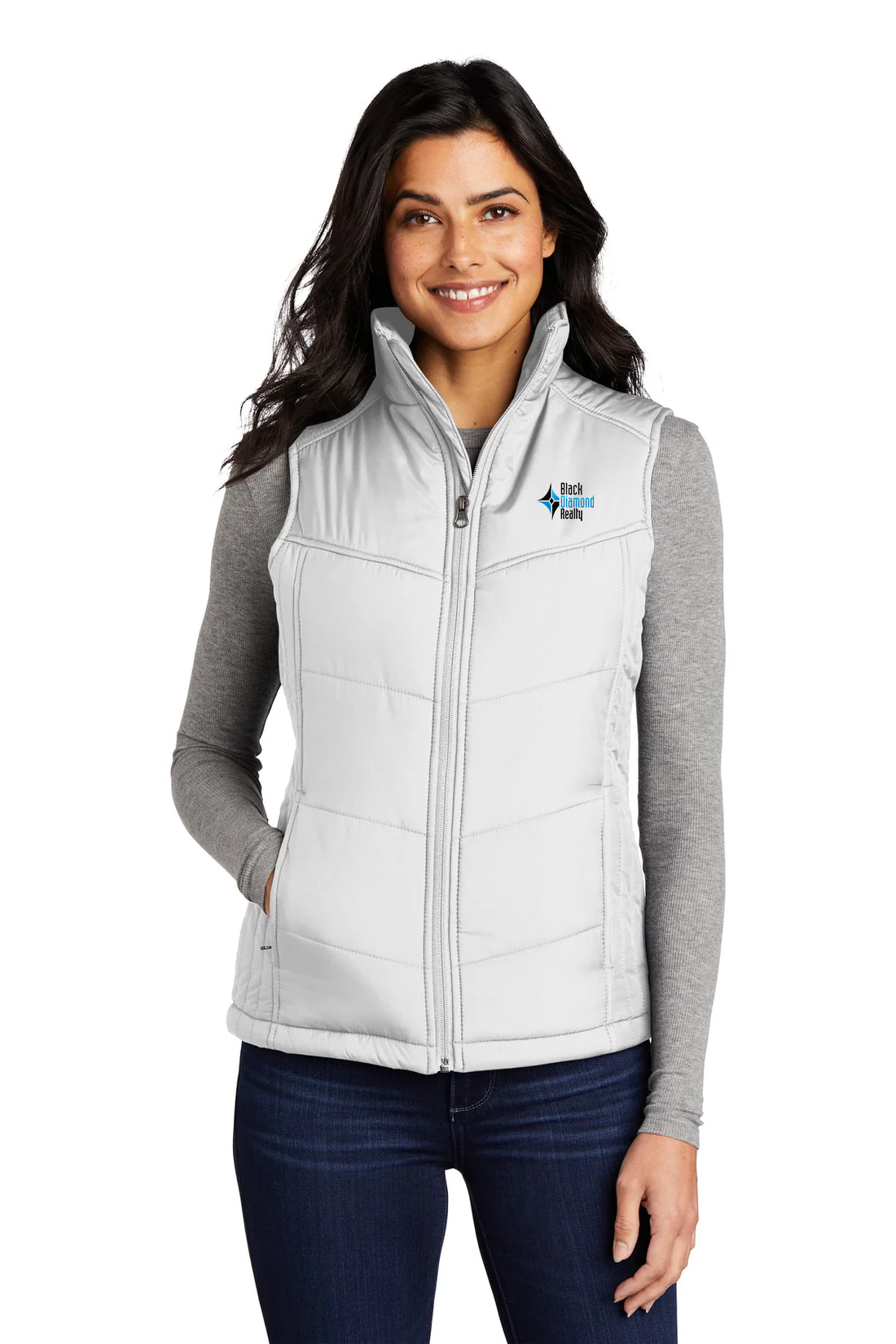 Port Authority Ladies Puffy Vest, White/Dark Slate [Black Diamond Realty]