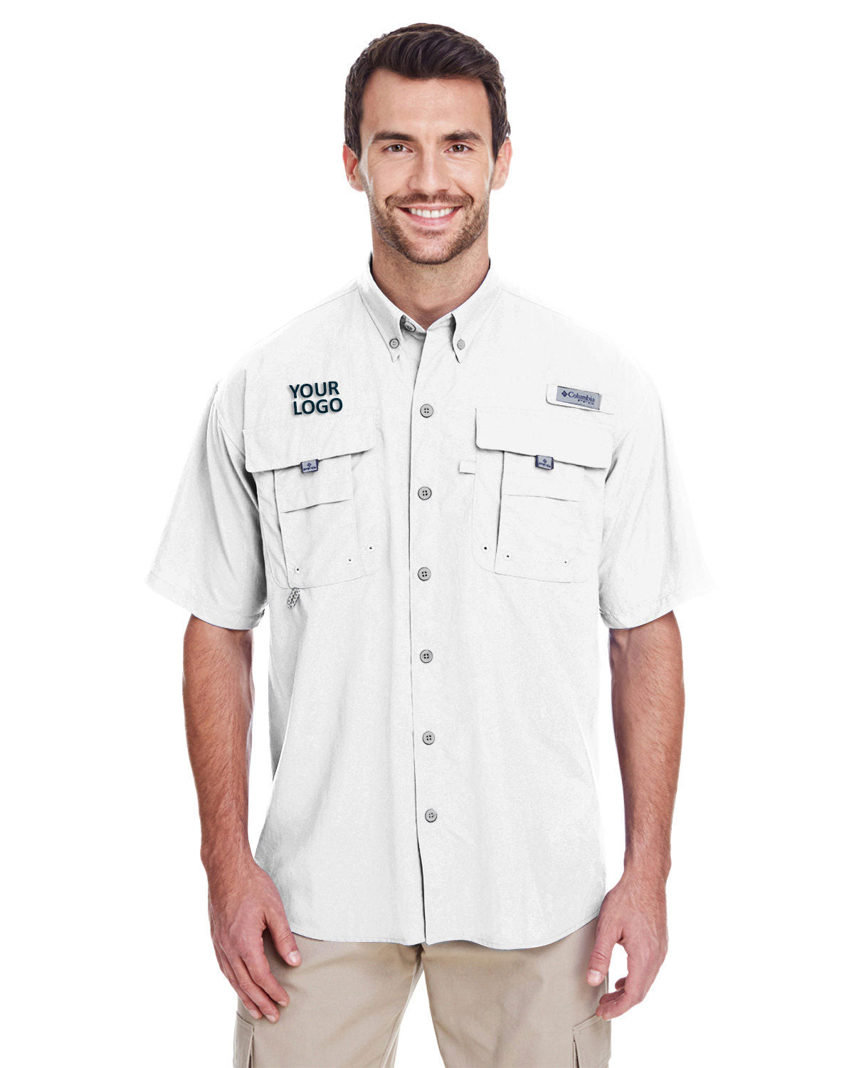 Columbia White 7047 work shirts with logo